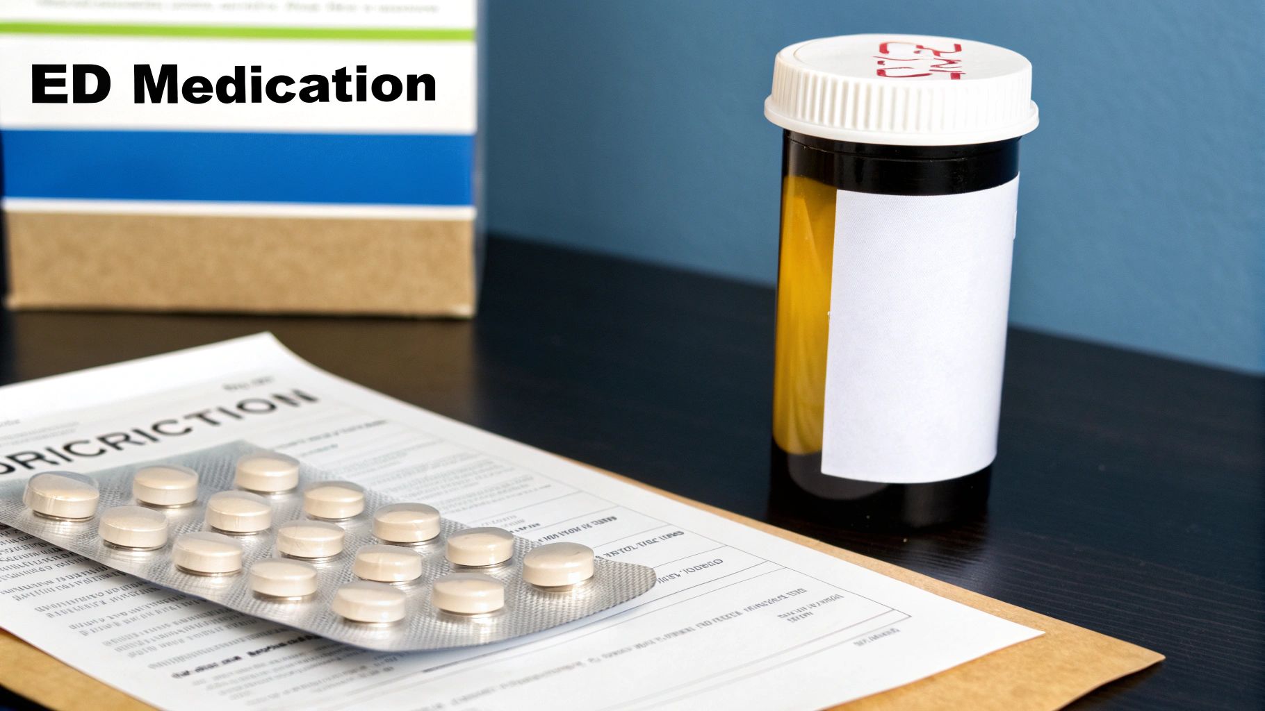 ED medication box, prescription bottle with pills, and a blister pack on a table.
