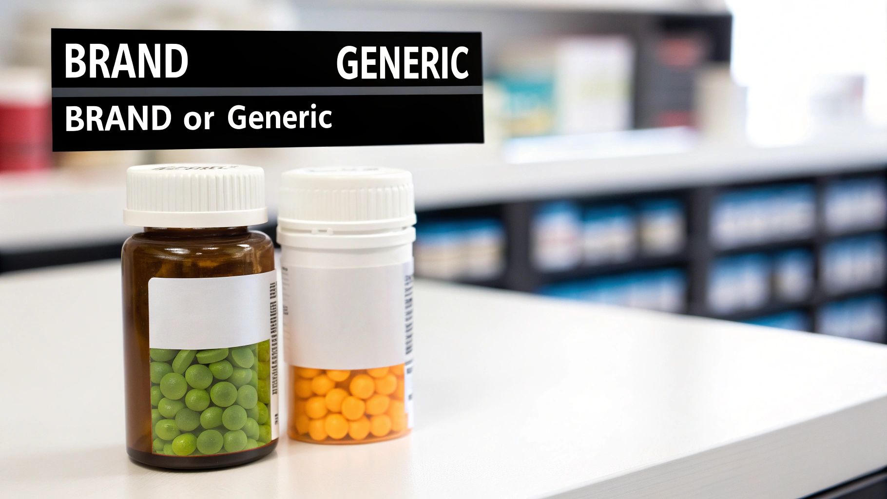 Two pill bottles on a pharmacy counter with text comparing brand name and generic medication.