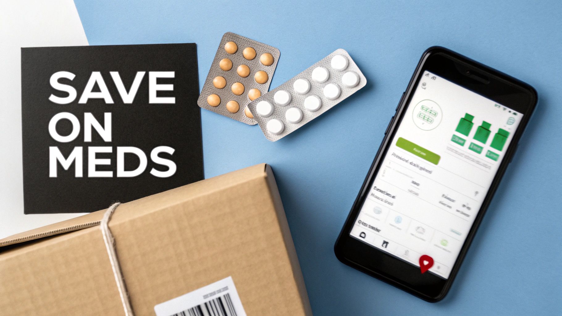 A flat lay showing a 'SAVE ON MEDS' card, pills, a smartphone app, and a delivery box, representing online prescription services.