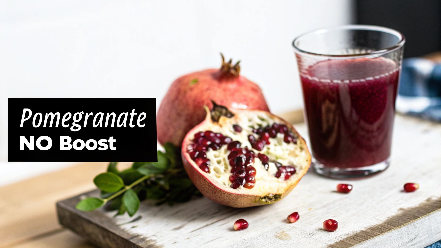 Fresh pomegranates, one cut open, next to a glass of dark red pomegranate juice on a wooden board.