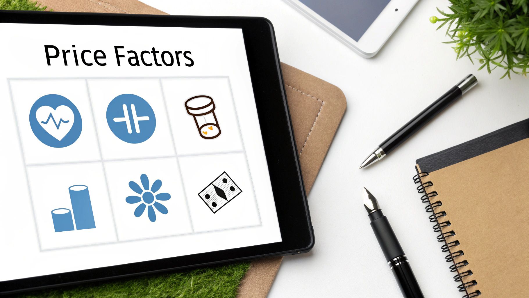 Digital tablet displaying price factors grid with healthcare icons including heart monitor, prescriptions, and charts