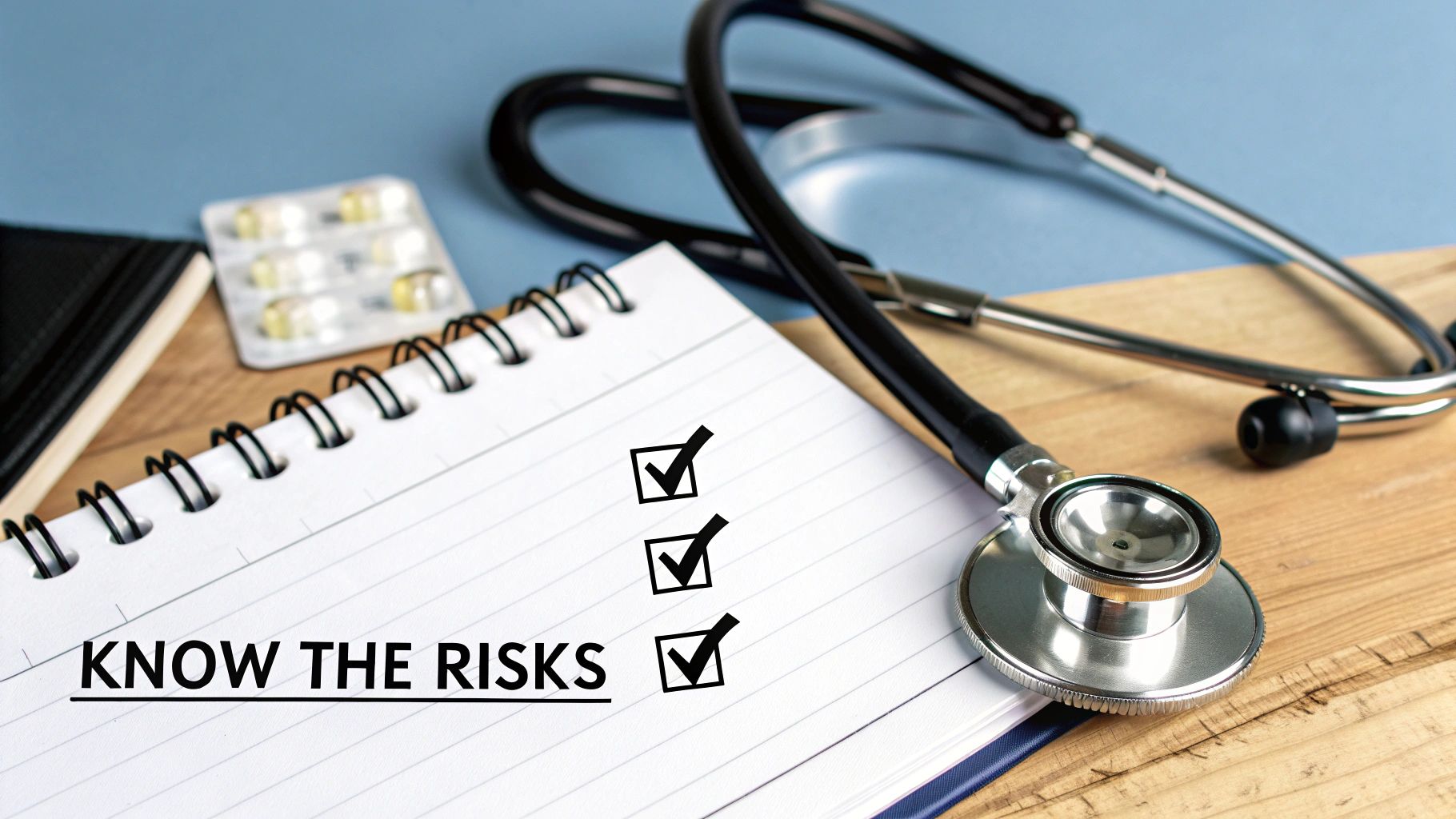 A stethoscope, pills, and a notebook with 'KNOW THE RISKS' and checkmarks, symbolizing health awareness.