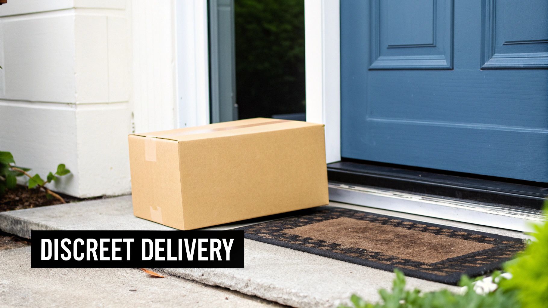 A plain brown cardboard box sits on a concrete porch, next to a doormat and blue front door, signifying discreet delivery.