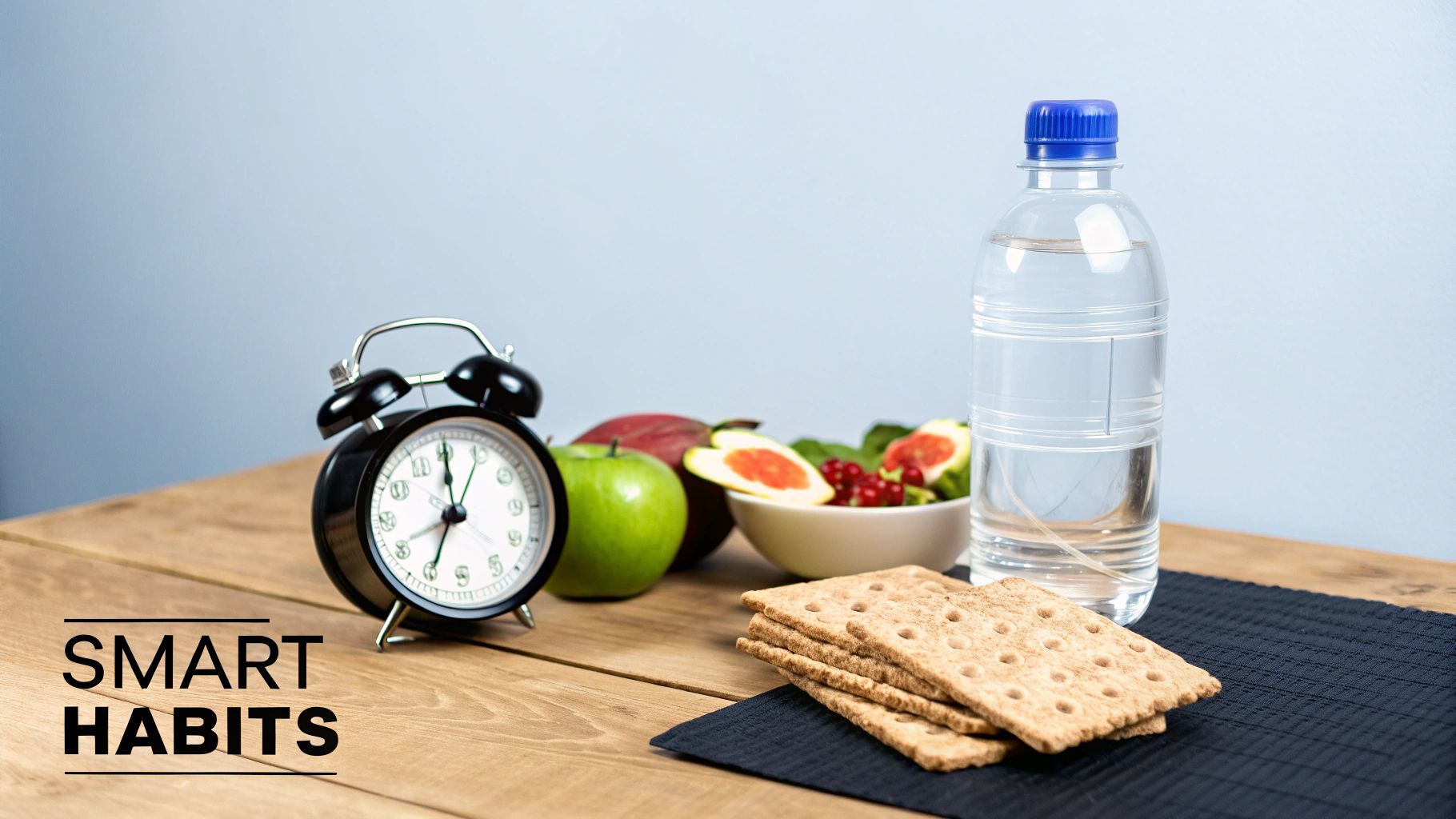 An alarm clock, healthy food, and a water bottle on a wooden table, representing smart habits.