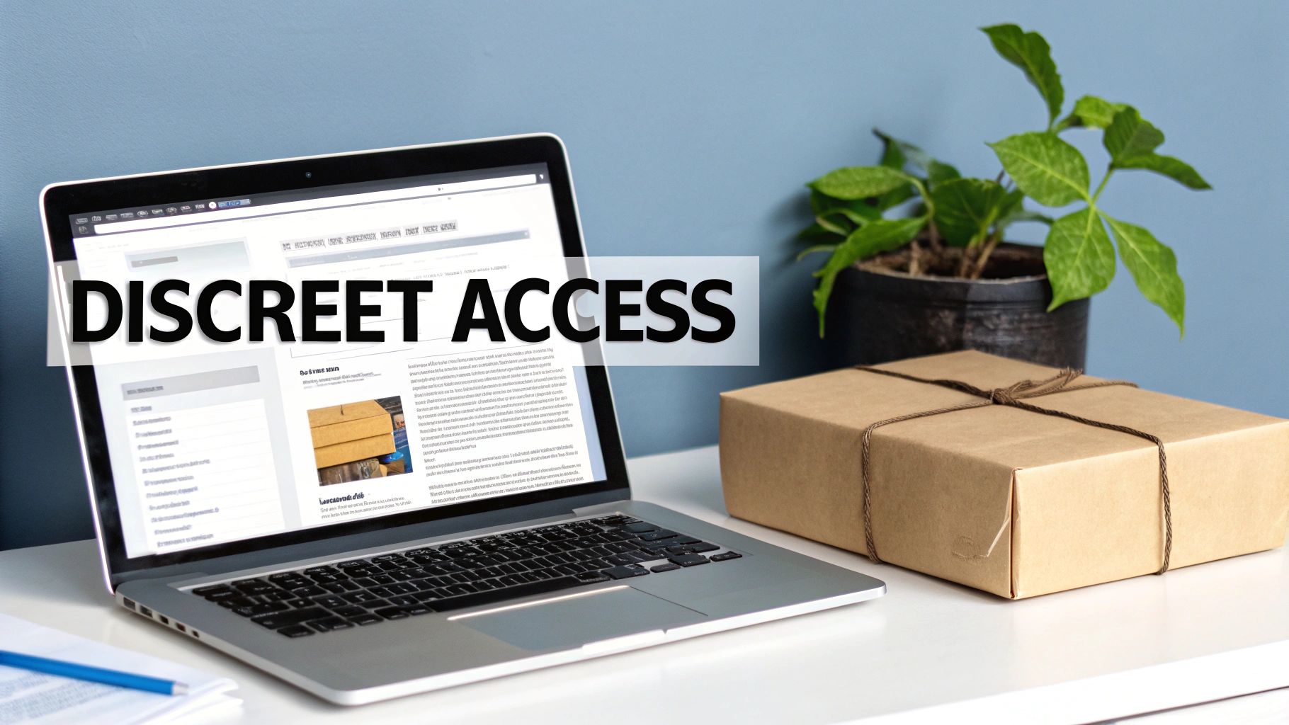A laptop and a discreetly wrapped brown package on a desk, representing private access or delivery.