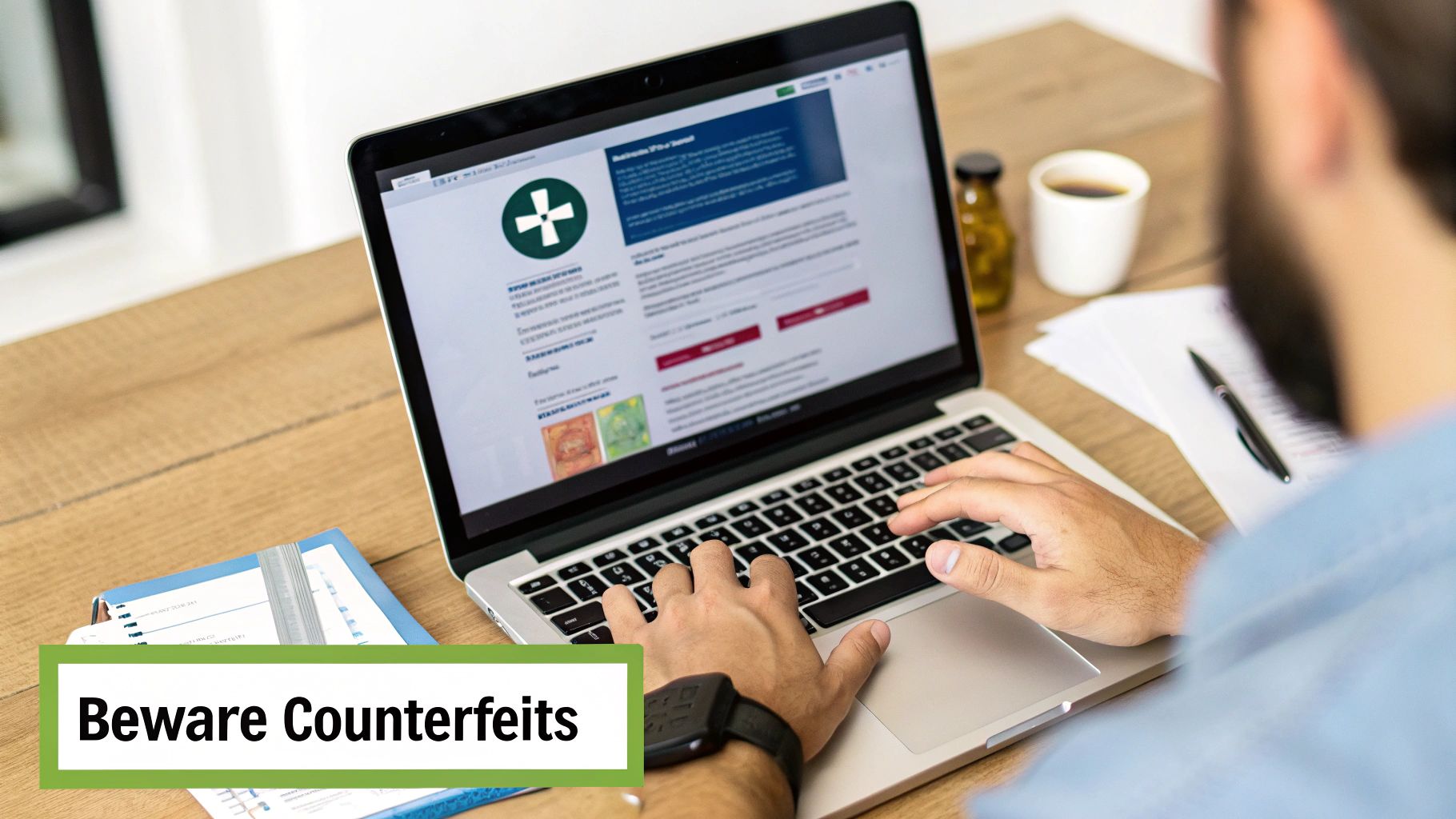 A warning sign on a computer screen, symbolizing the risks of illicit online pharmacies.