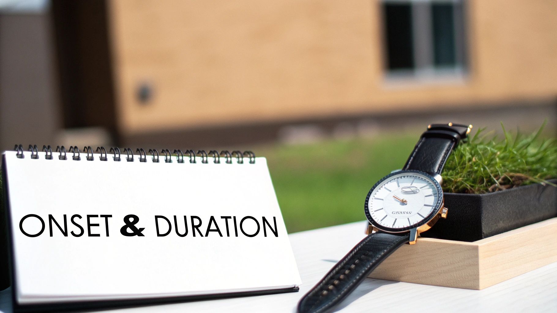 A white spiral notebook with 'ONSET & DURATION' written, beside a wristwatch and small plant.