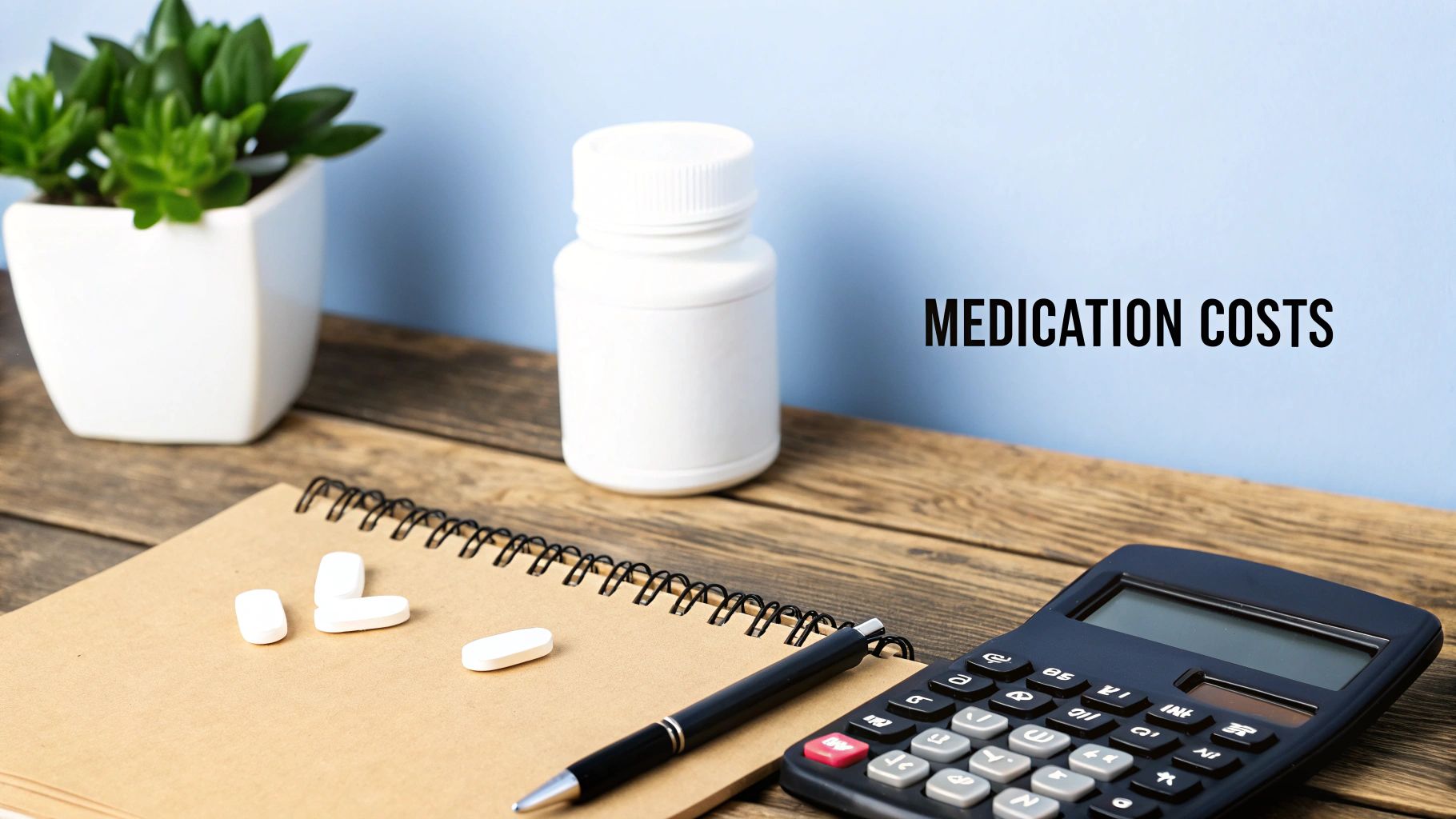 Medication costs displayed with pills, a calculator, and a notebook on a wooden desk.