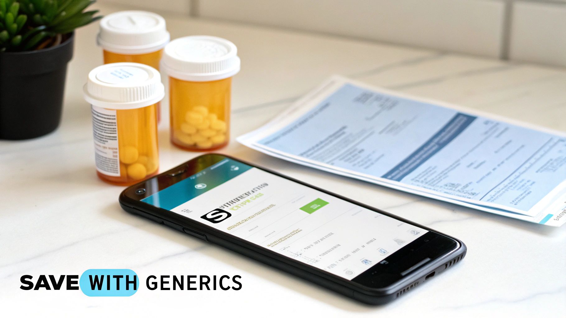 Smartphone displaying a healthcare app next to several prescription pill bottles and documents, highlighting savings with generic medications.