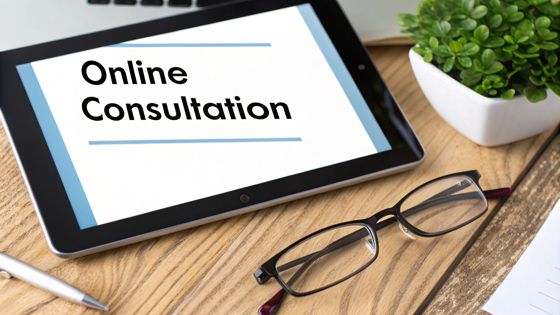 A tablet displays 'Online Consultation' text, with glasses, a pen, and a plant on a wooden desk.