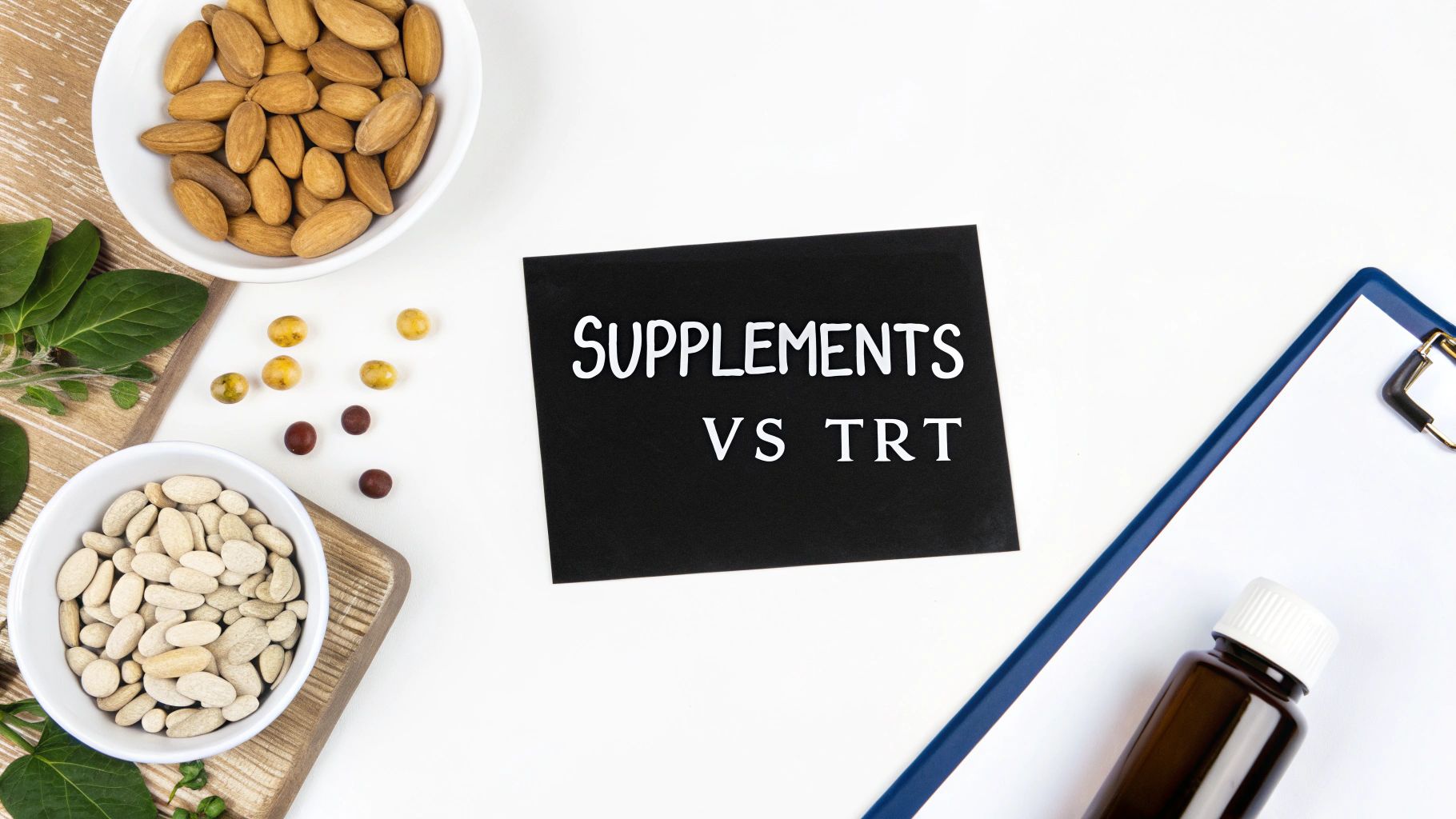 A split image showing natural supplements on one side and a medical setting on the other.