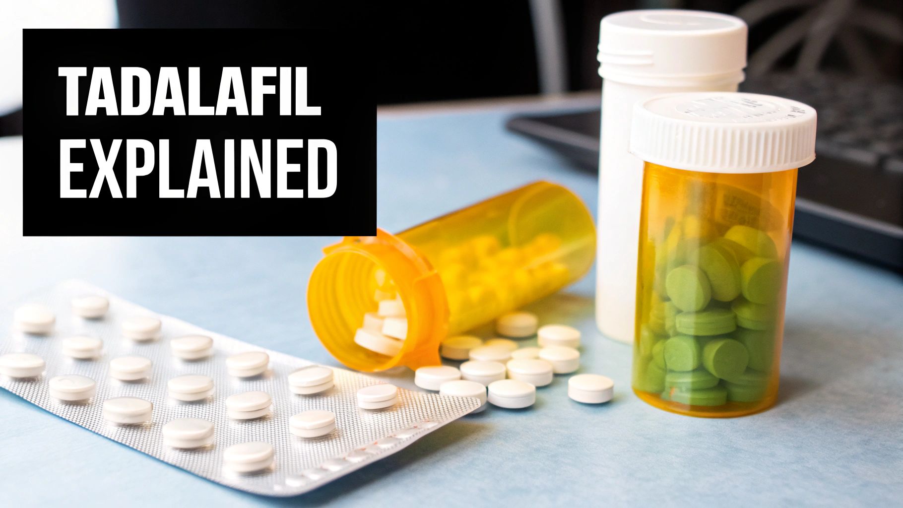 Various Tadalafil medications, including white and green pills in bottles and a blister pack, with explanatory text.
