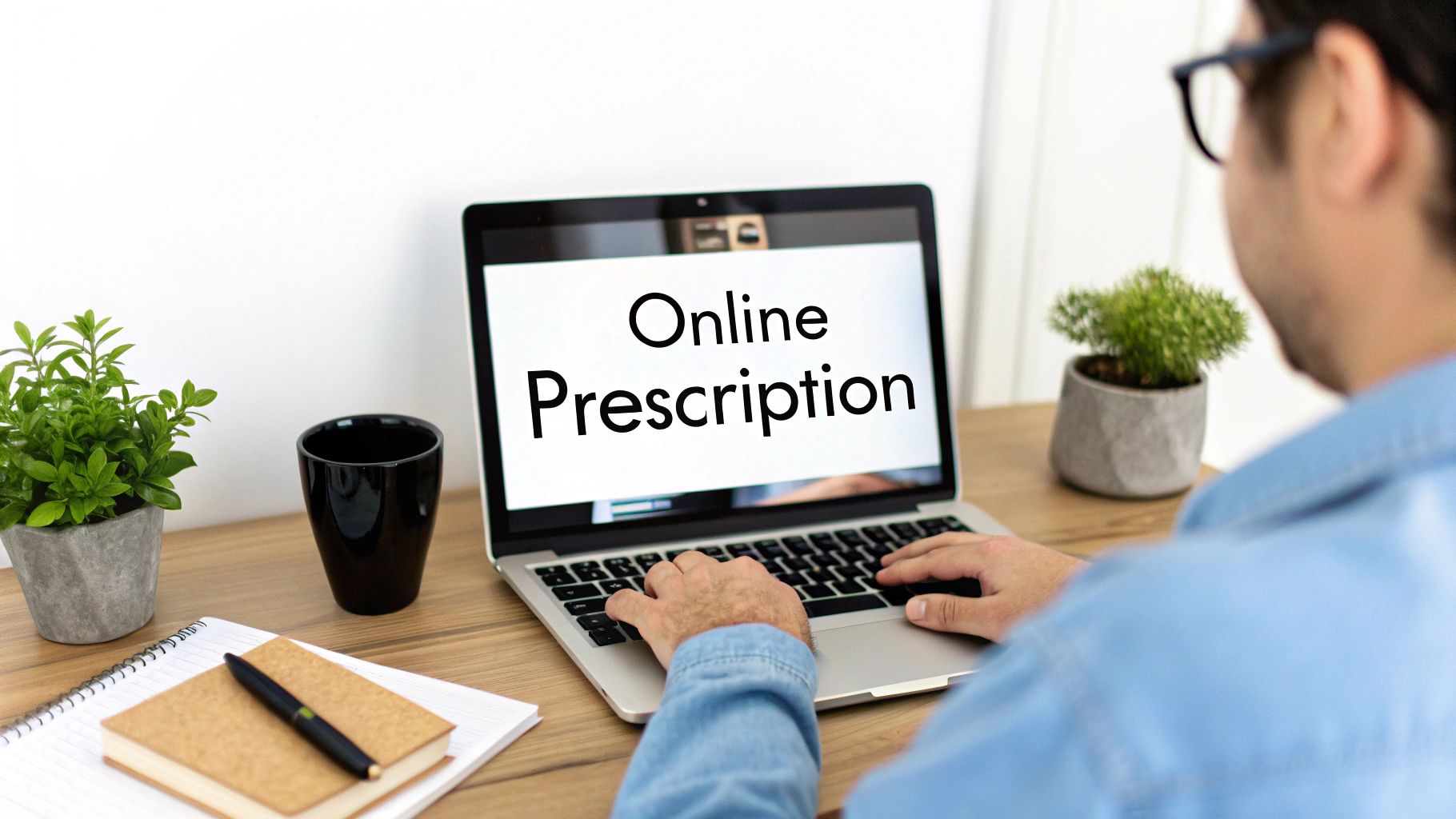 A person types on a laptop displaying 'Online Prescription' on a desk with plants and a notebook.
