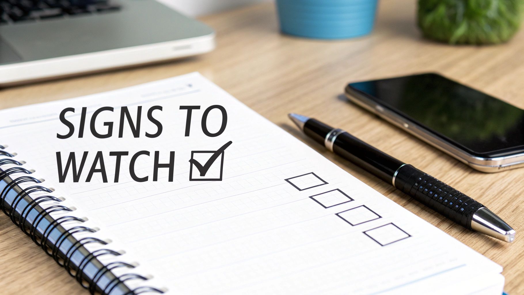 A notebook on a wooden desk shows 'SIGNS TO WATCH' with a checked box.