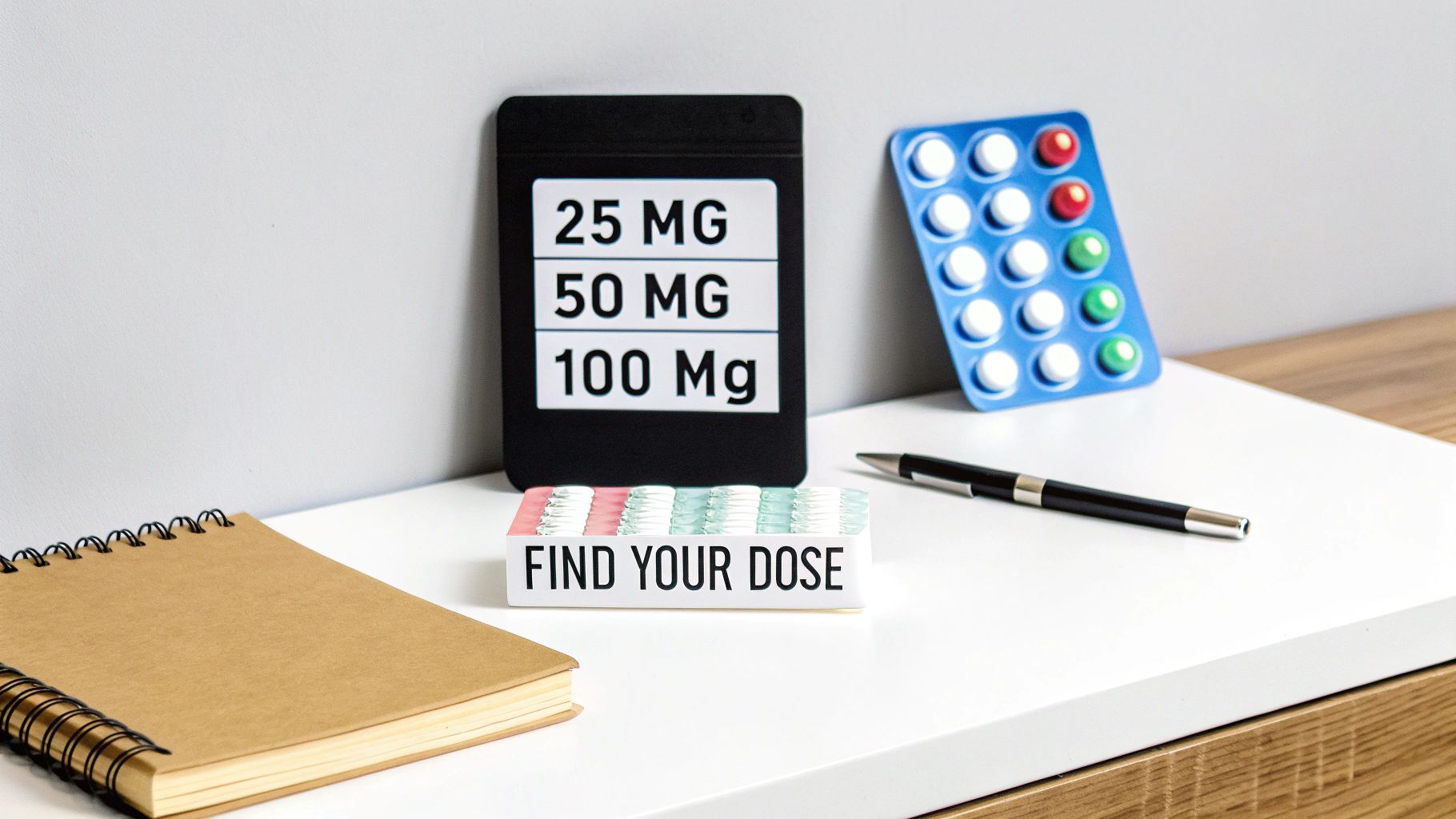Medication dosage chart with pill blister pack and notebook displaying find your dose message