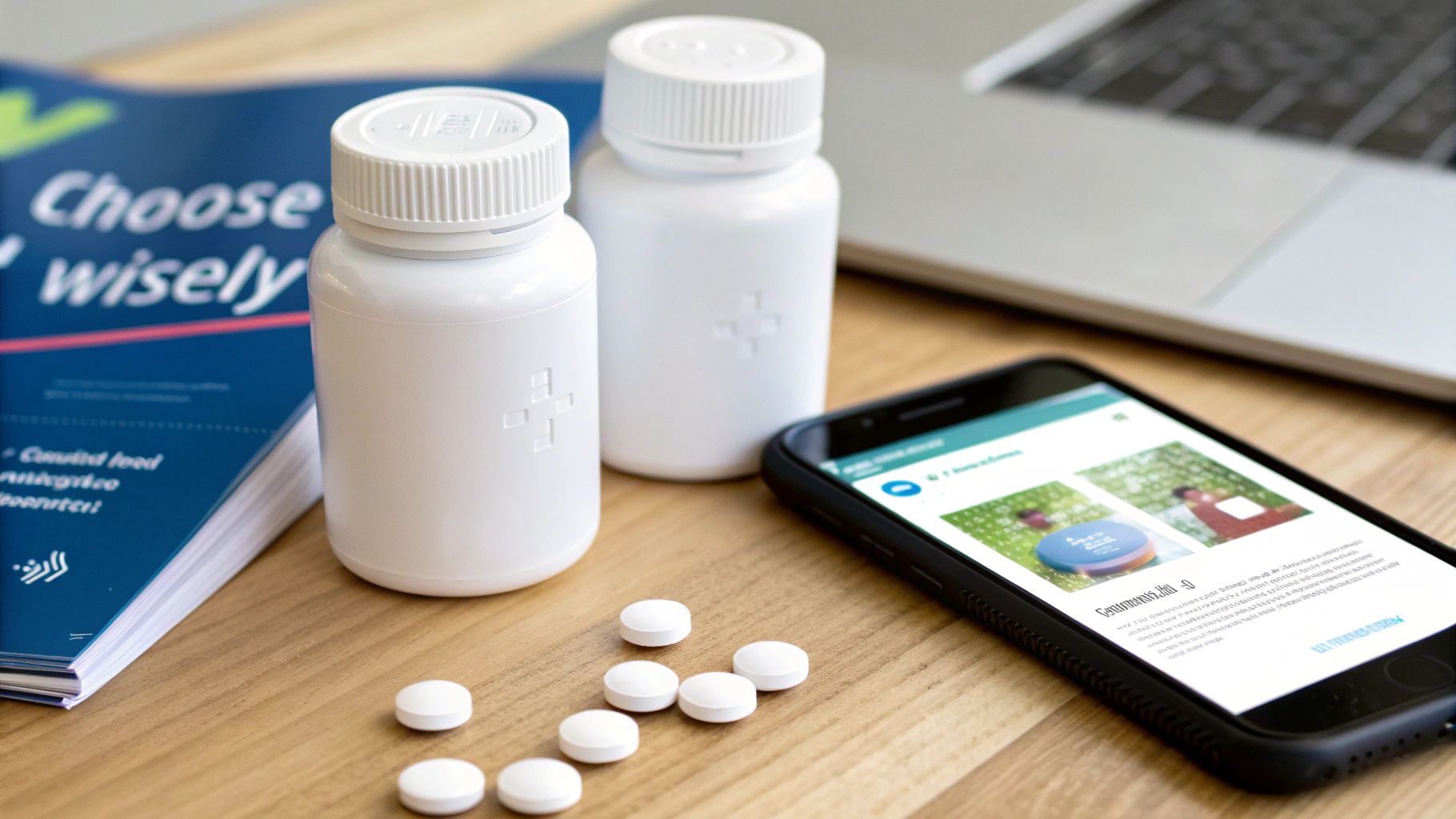 Two white medicine bottles, scattered pills, a smartphone with a health app, and a book on a wooden table.