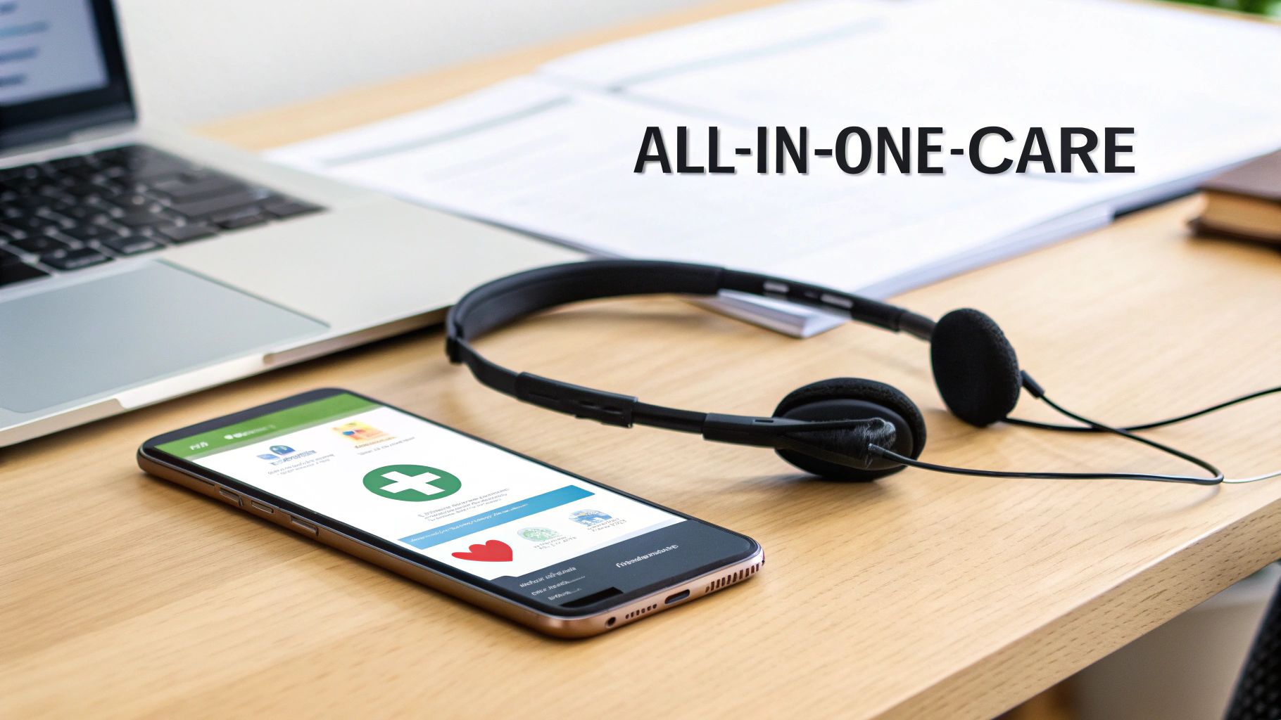 Laptop, smartphone with healthcare app, and headphones on a desk, representing online doctor services.