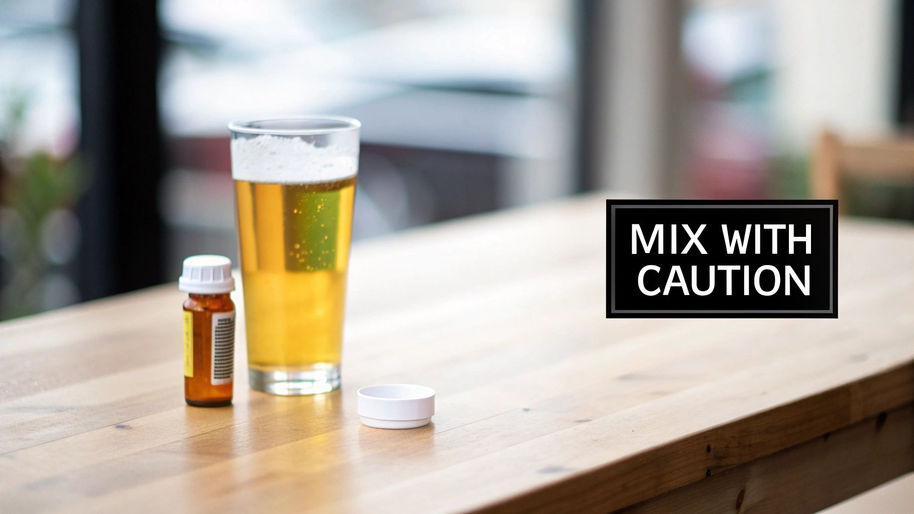 A prescription bottle, glass of beer, and a small medicine cup on a wooden table, with a 'Mix with Caution' sign.
