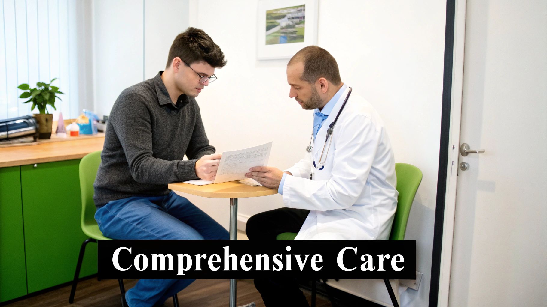 A male doctor reviews a chart with a patient in a bright, modern clinic.