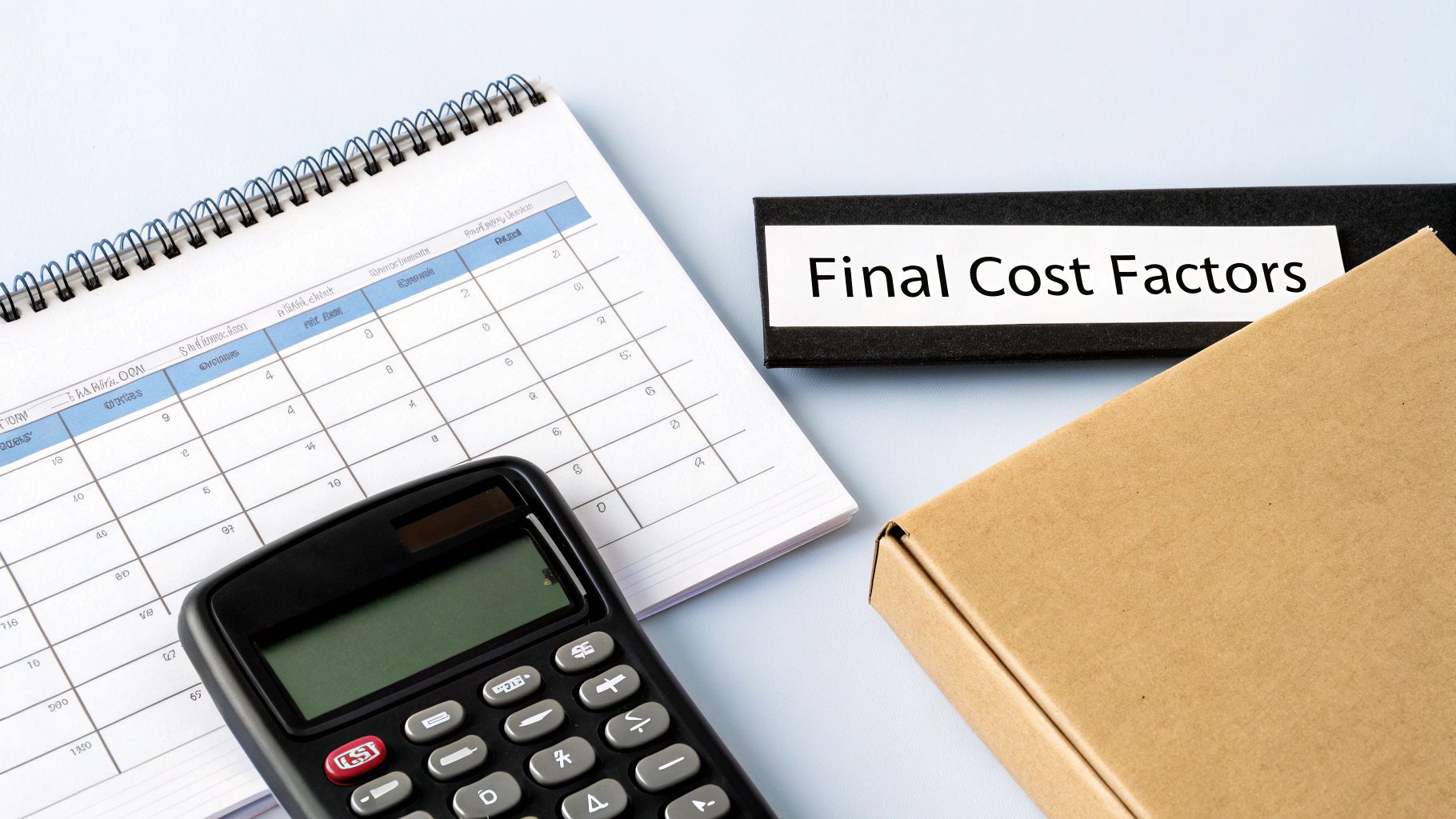 A calculator, open notebook with a grid, and a folder labeled 'Final Cost Factors' on a desk.