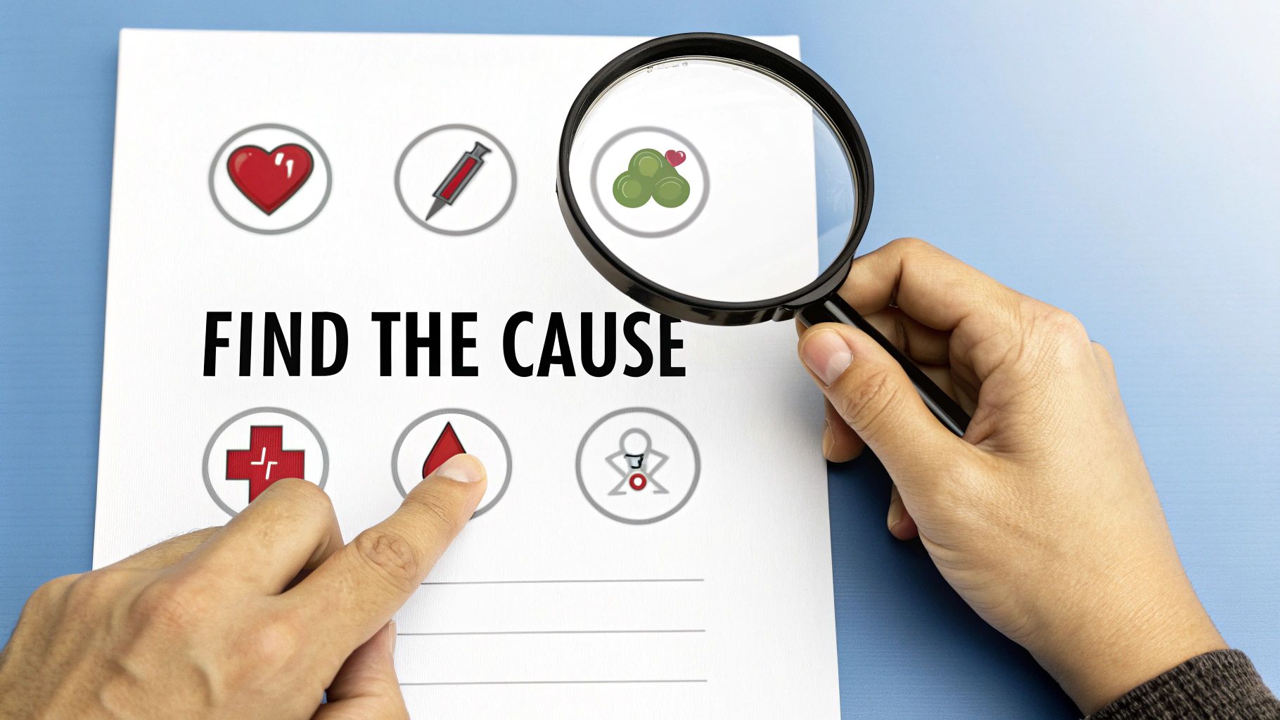 Hands using a magnifying glass to examine medical icons and text 'FIND THE CAUSE' on a white paper.