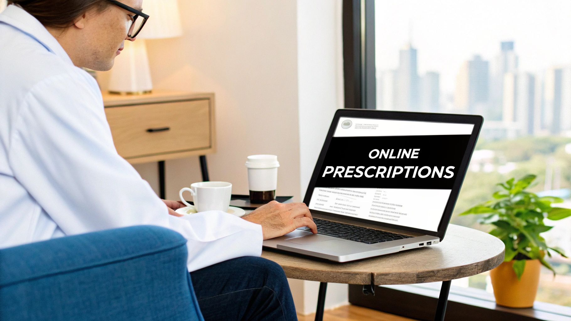 A doctor in a white coat uses a laptop displaying 'ONLINE PRESCRIPTIONS' on its screen, symbolizing telehealth.