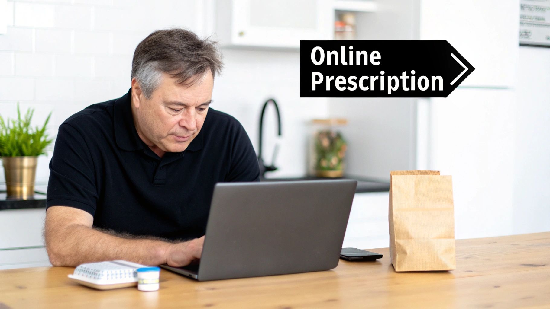 A man uses a laptop to get an online prescription with medication on a kitchen table.