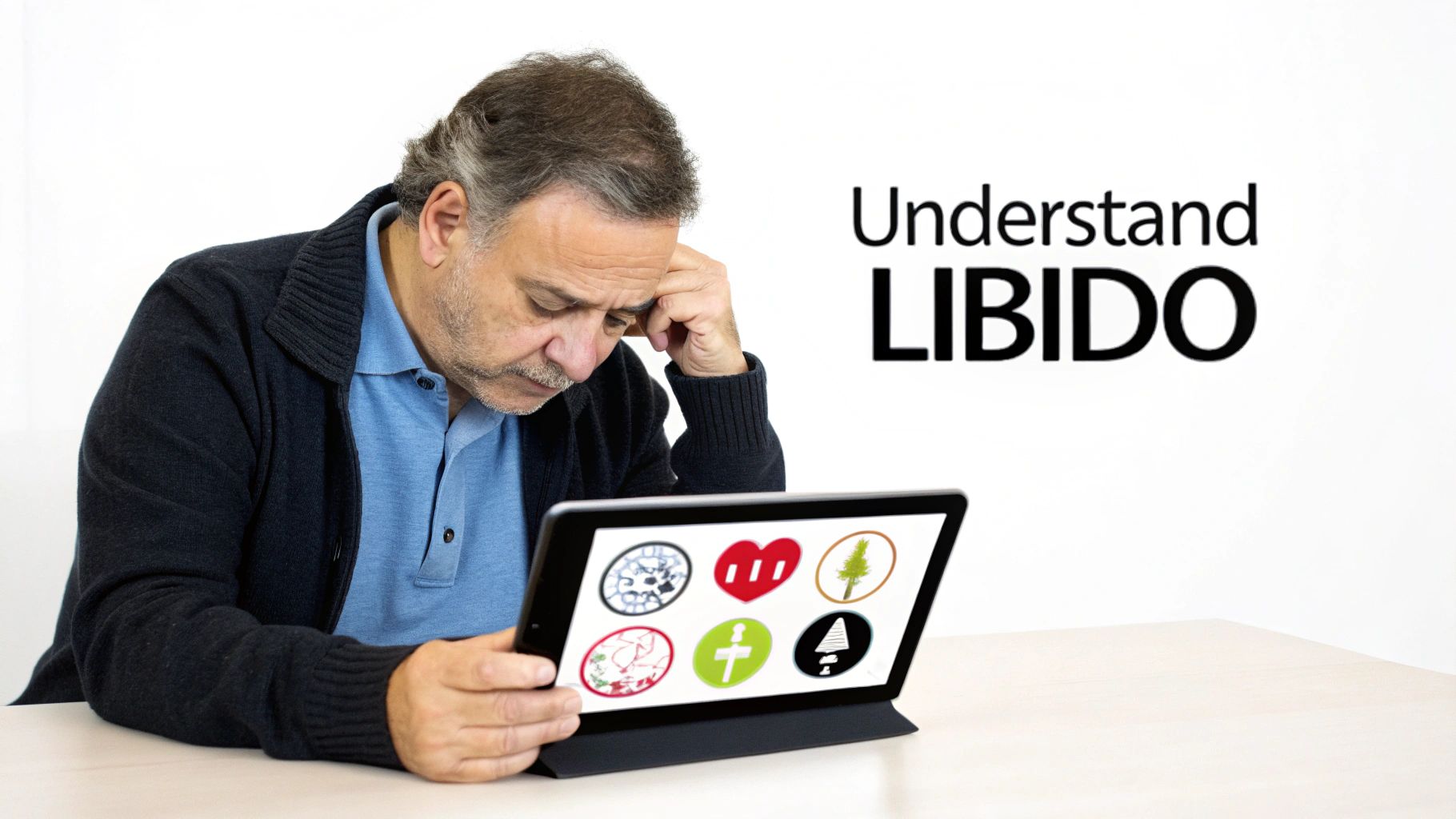 A thoughtful man looks at a tablet displaying various icons, next to text 'Understand LIBIDO'.