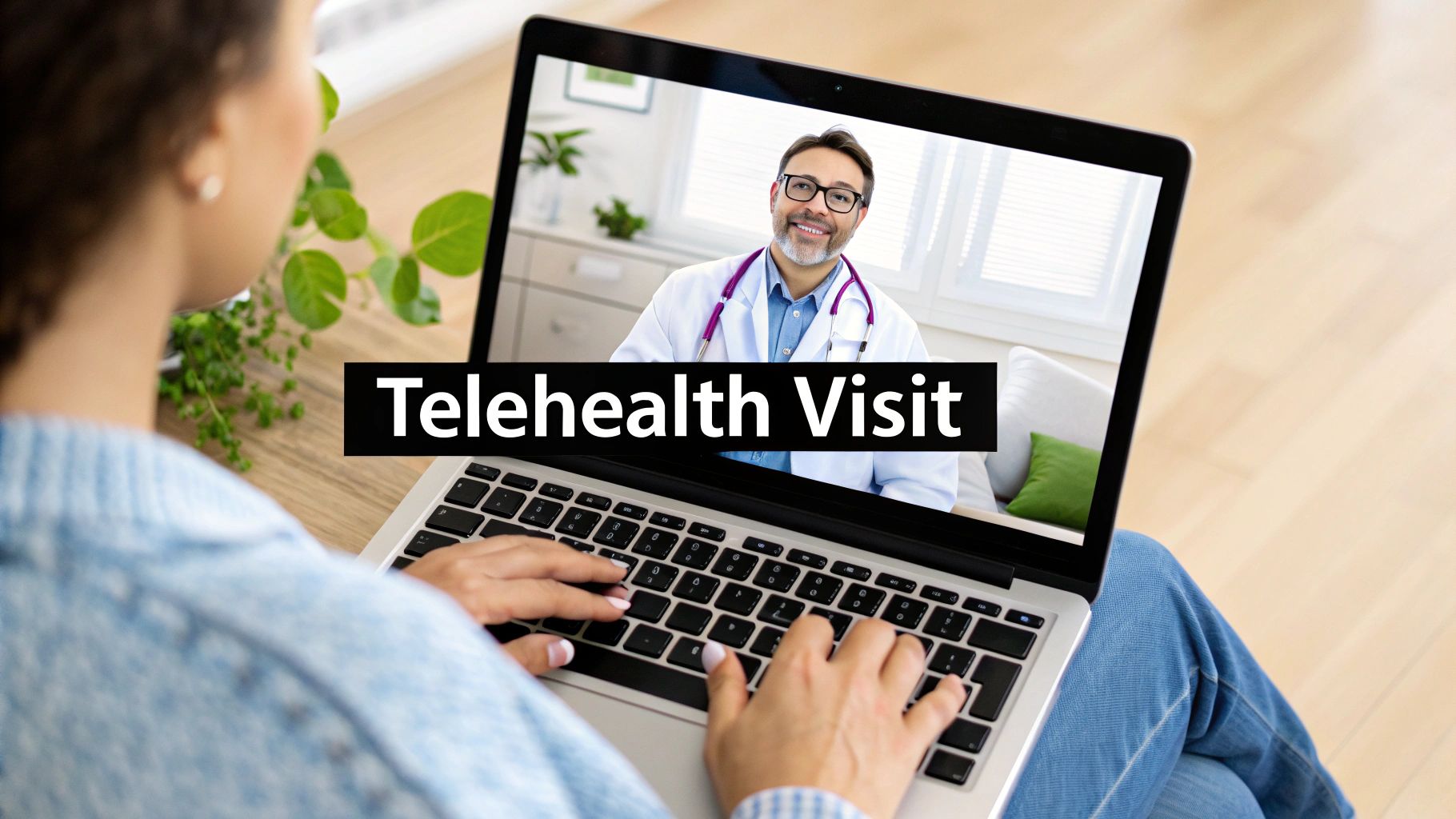 Woman having telehealth video consultation with male doctor on laptop computer at home