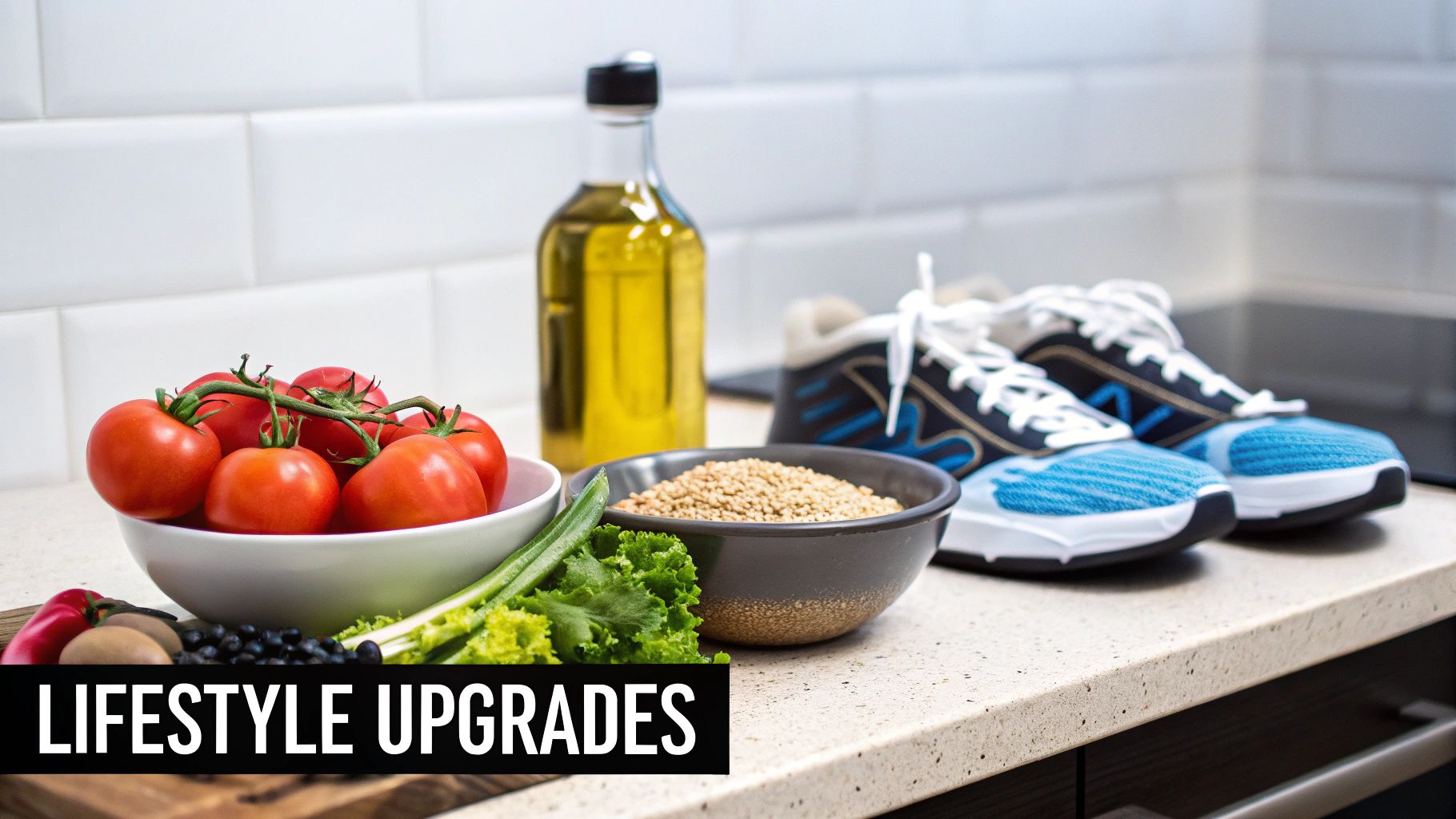 A counter with fresh tomatoes, grains, olive oil, and running shoes, promoting a healthy lifestyle.