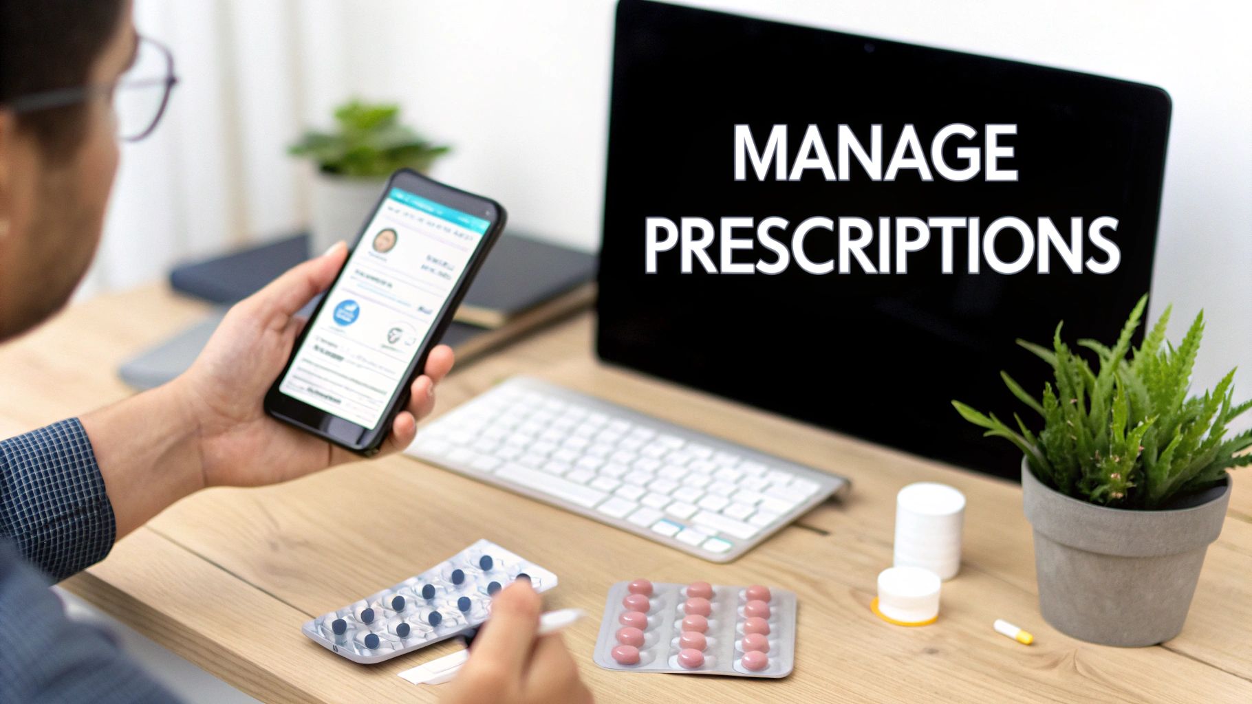 A person uses a smartphone app to manage their prescriptions with medication and a laptop.