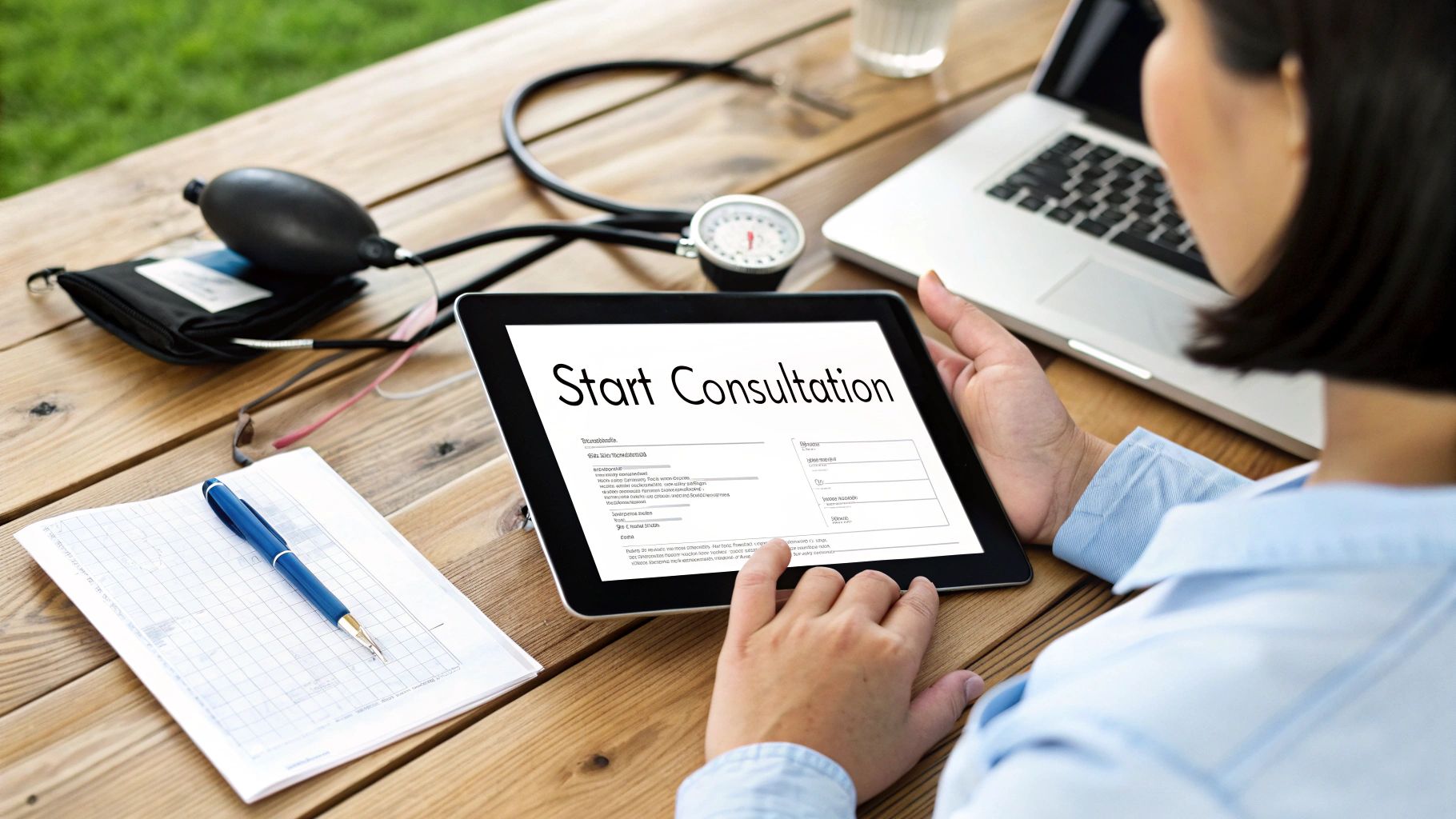 A person initiates an online medical consultation on a tablet, with medical equipment nearby on a wooden table.