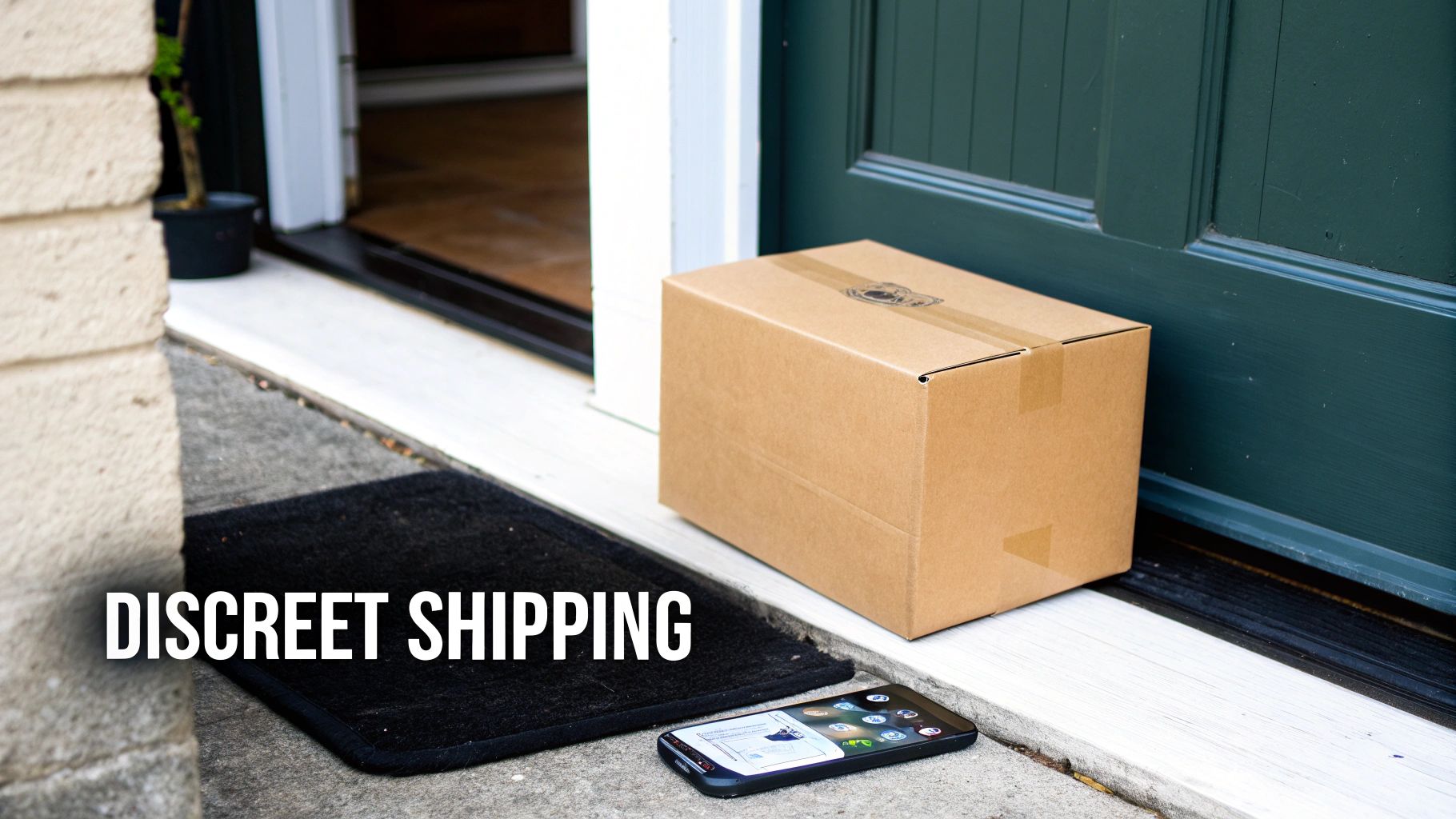 A discreetly shipped brown cardboard package sits on a doorstep with a smartphone and doormat.