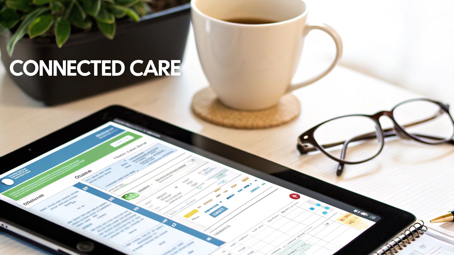 A tablet displaying a digital health application with 'CONNECTED CARE' text, alongside coffee and glasses.