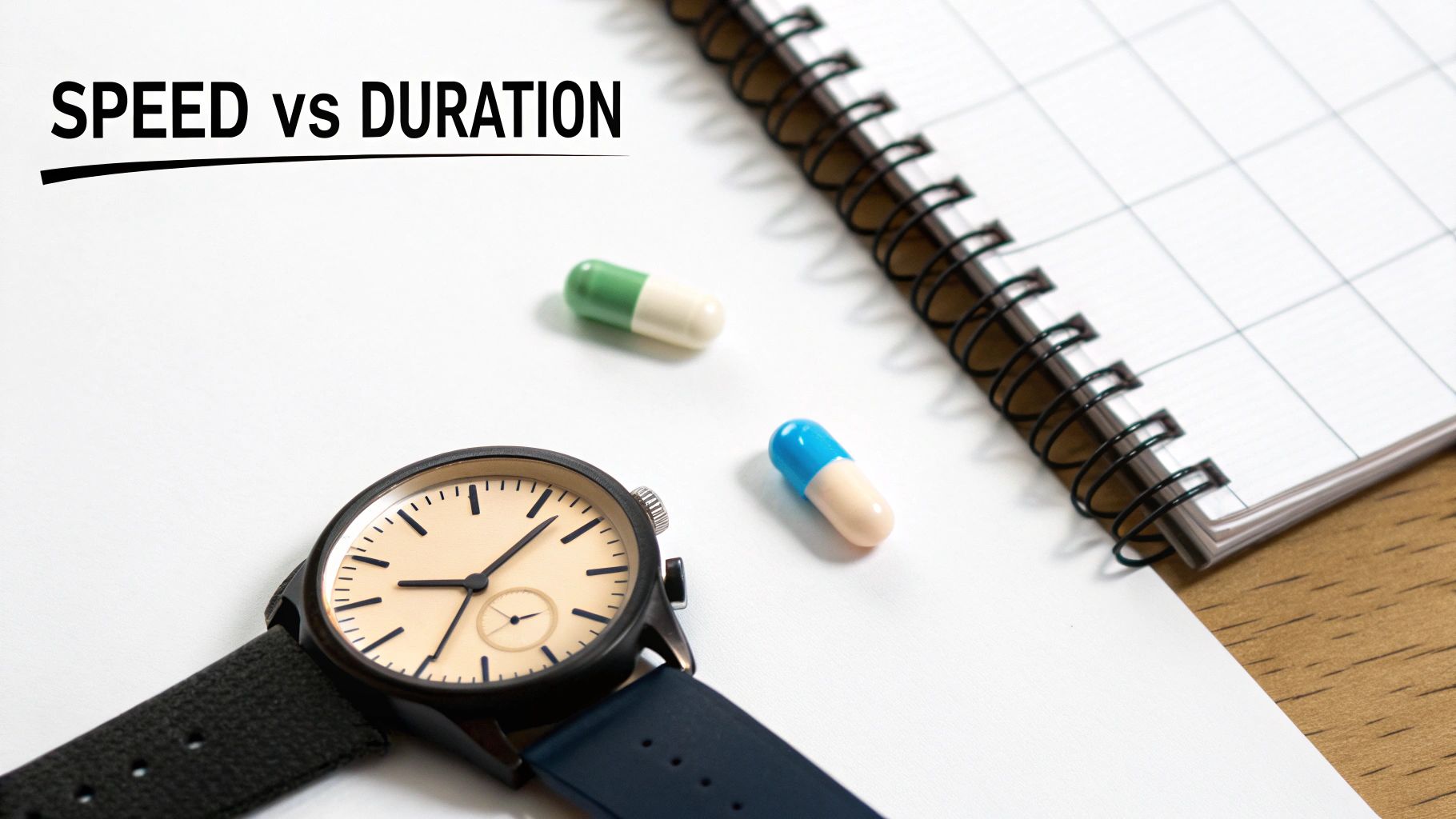 A watch, two medication capsules, and a notebook on a white desk with text 'SPEED vs DURATION'.