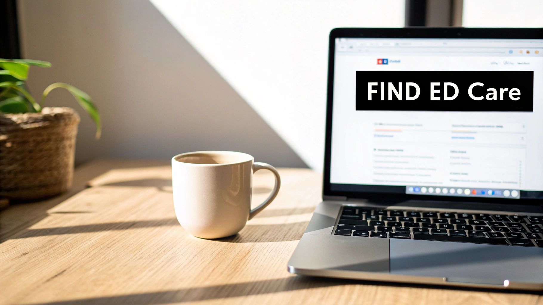 Laptop displaying 'FIND ED Care' on a wooden desk with a coffee mug and a plant.