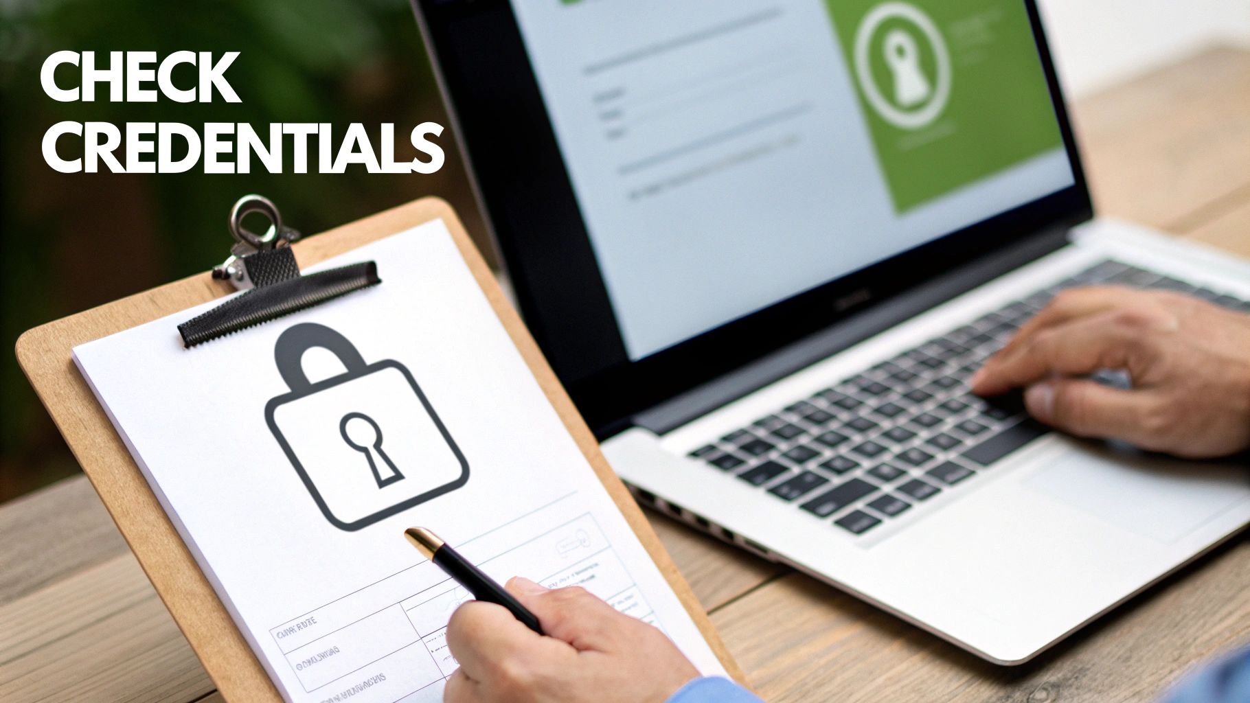 Person checking credentials, typing on a laptop with a lock icon, and writing on a clipboard.