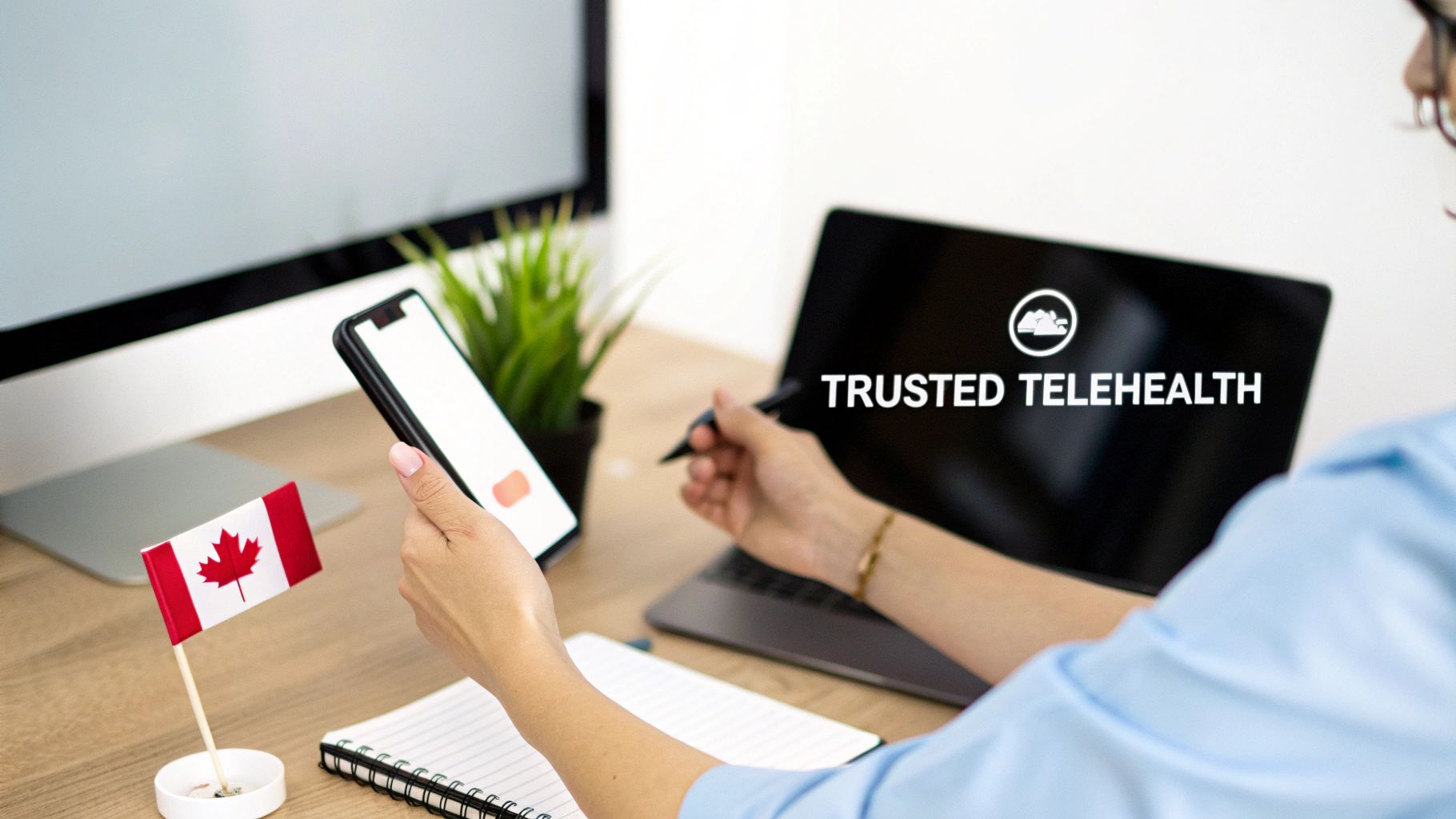 A person using a laptop for a telehealth consultation with a doctor shown on the screen, representing the convenience of modern healthcare.