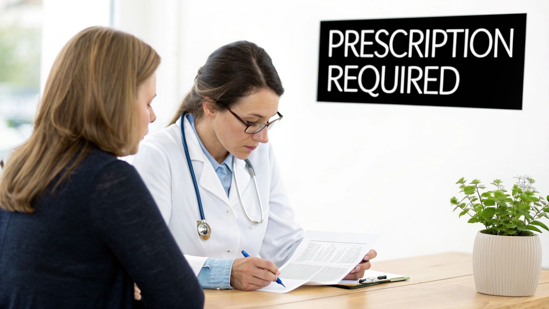 Female doctor consults patient, writing on a form, with 'PRESCRIPTION REQUIRED' sign.