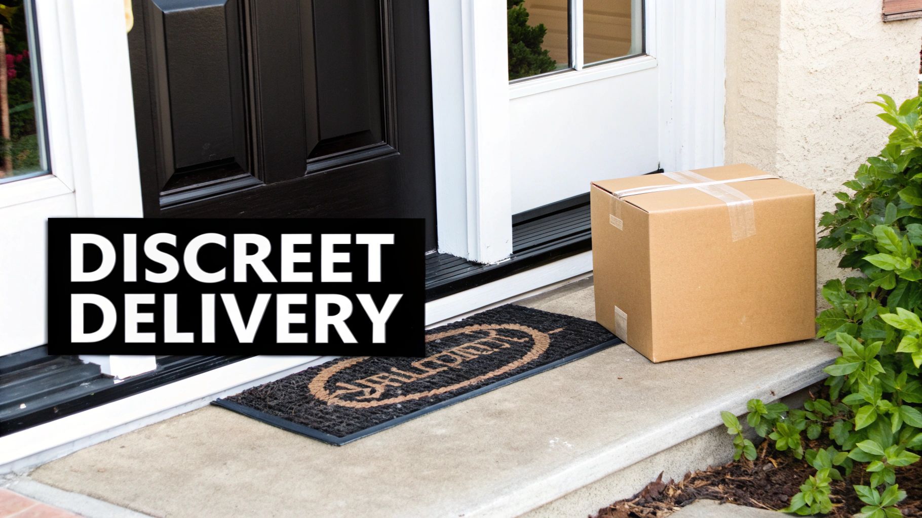 A brown delivery box sits on a porch step next to a welcome mat and a black door, with “DISCREET DELIVERY” text.