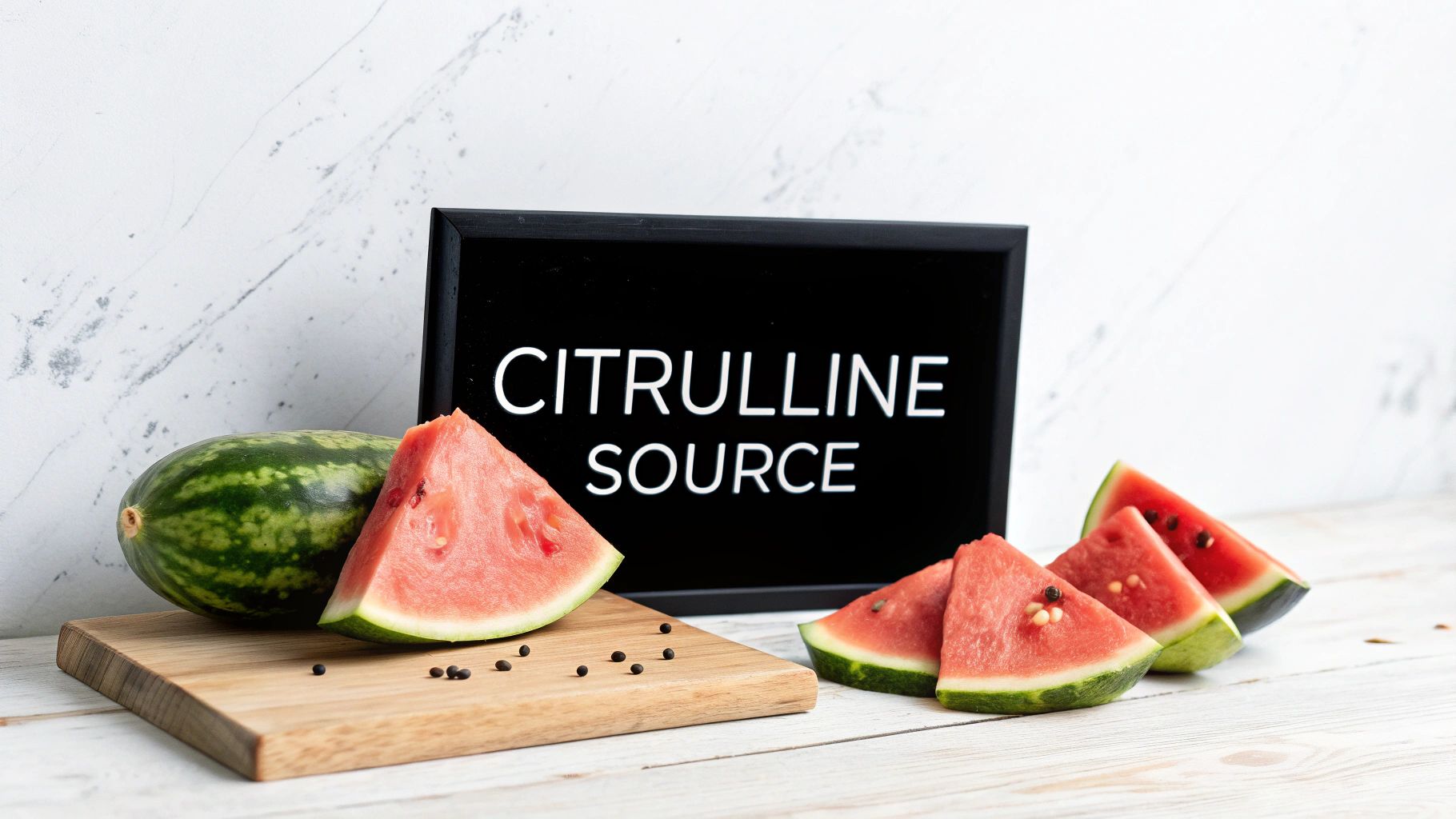 Slices of fresh watermelon and a whole watermelon next to a sign saying 'Citrulline Source' on a wooden board and table.