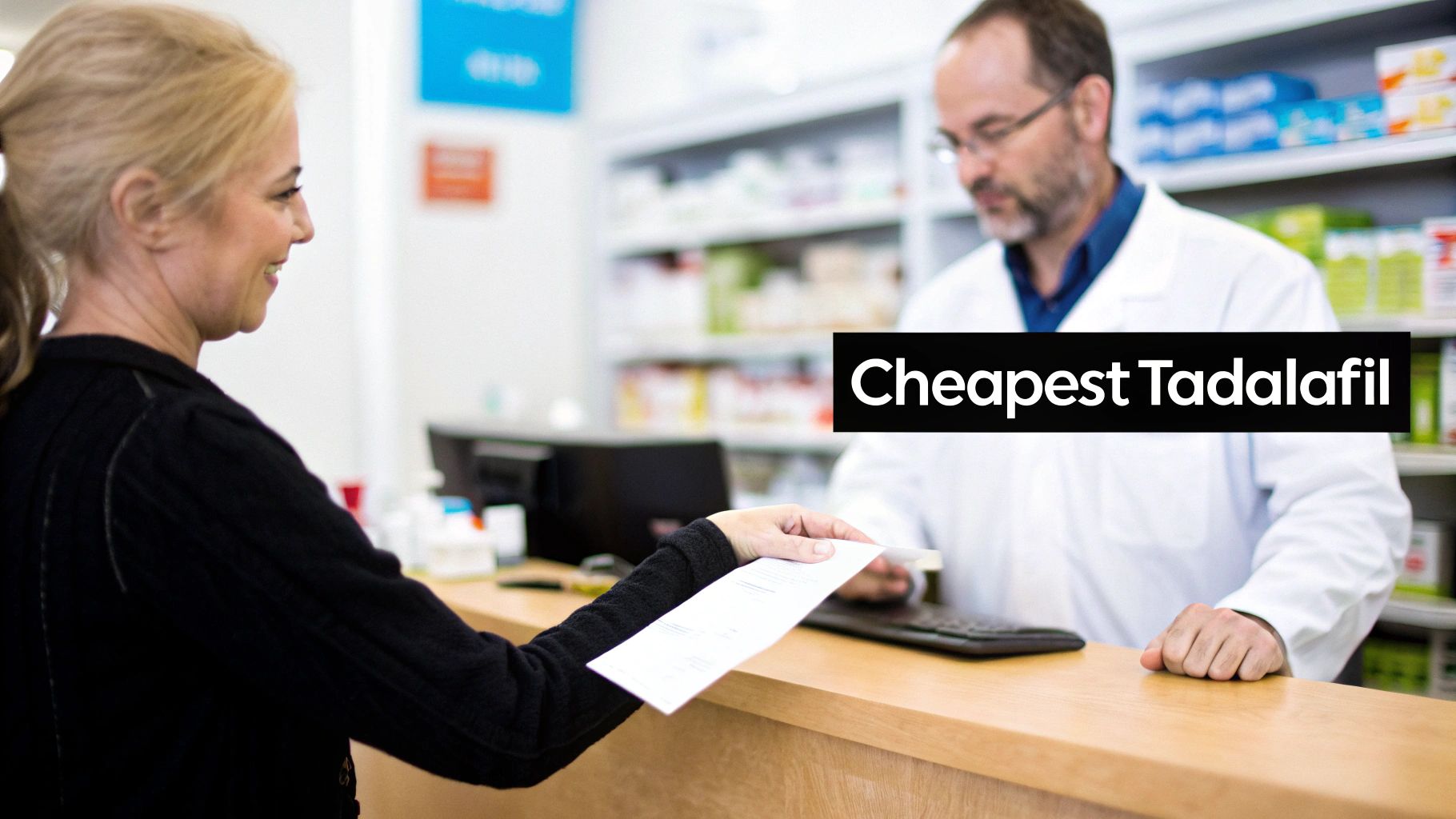 A woman hands a prescription to a male pharmacist at a pharmacy counter, related to Tadalafil.