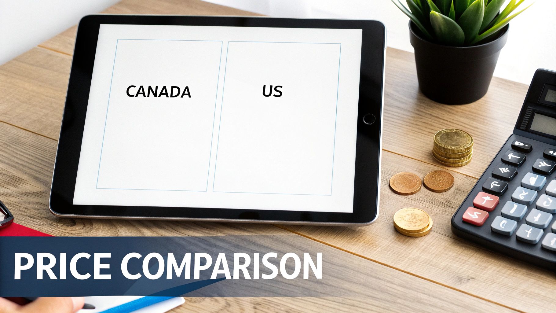 A tablet displays 'CANADA' and 'US' side-by-side for a price comparison, with coins and a calculator.