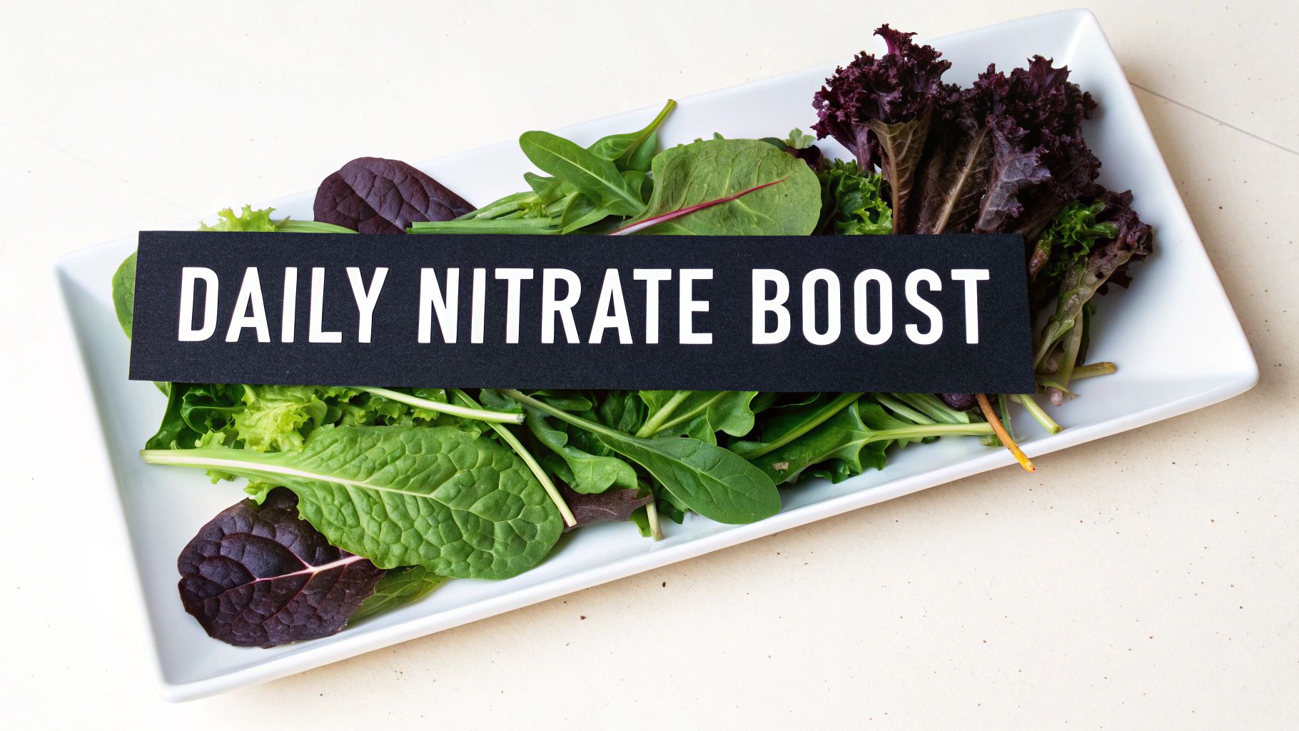 A white rectangular plate filled with various salad greens and a black sign saying 'DAILY NITRATE BOOST'.