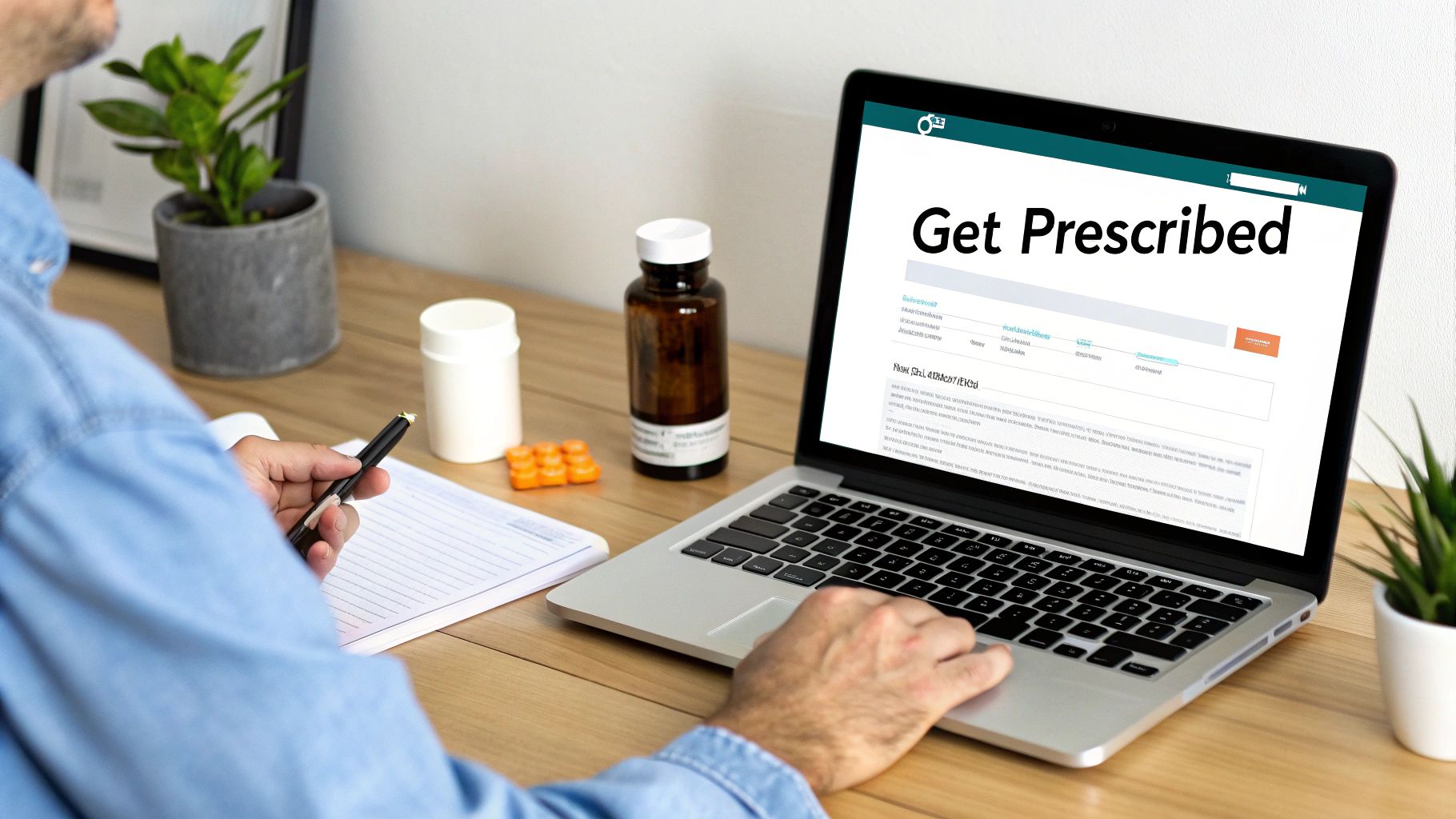 Person using laptop to get online prescription for medication with pills and bottles on desk