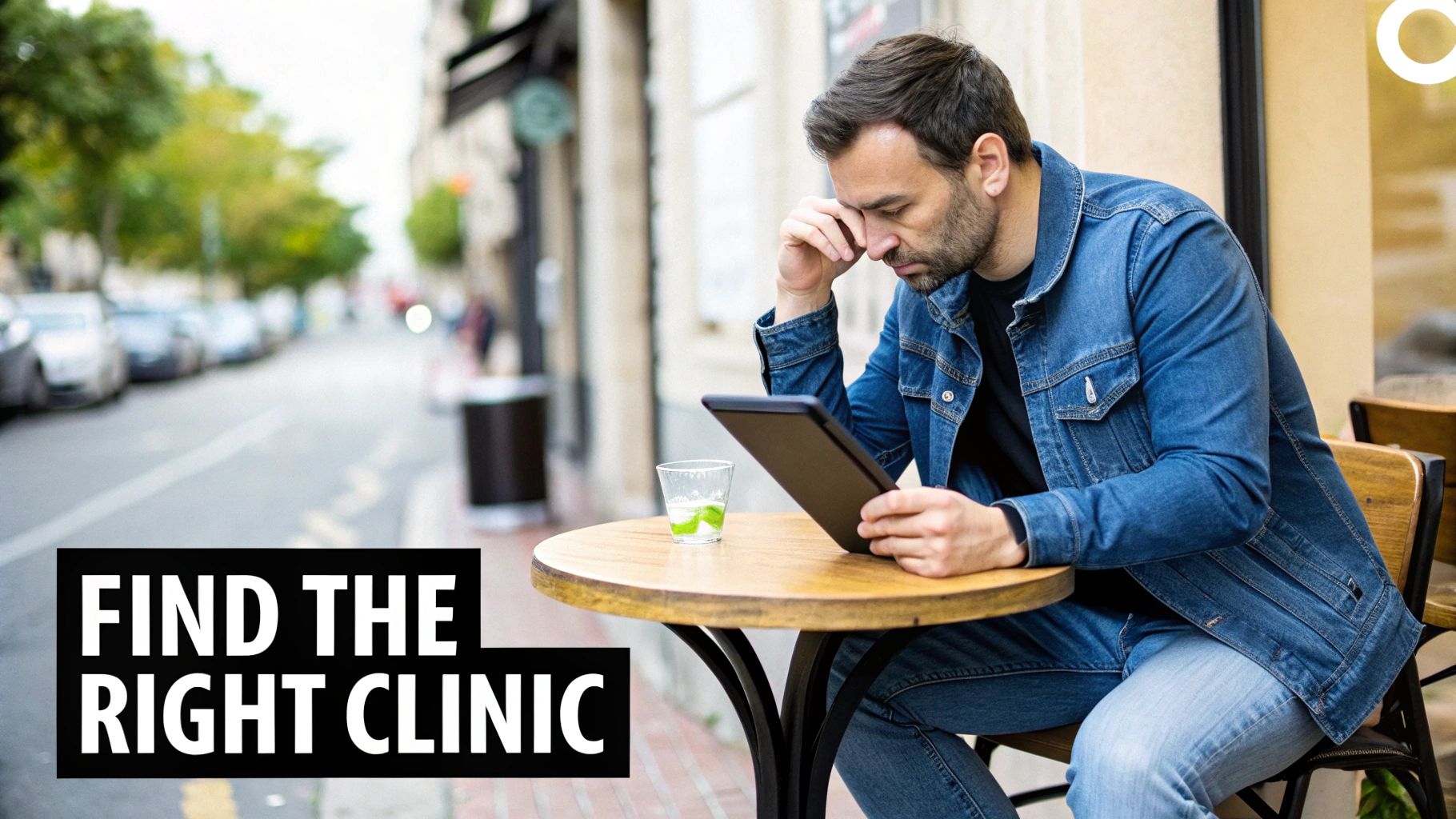A thoughtful man looking at a tablet, researching his healthcare options in a bright, modern setting.