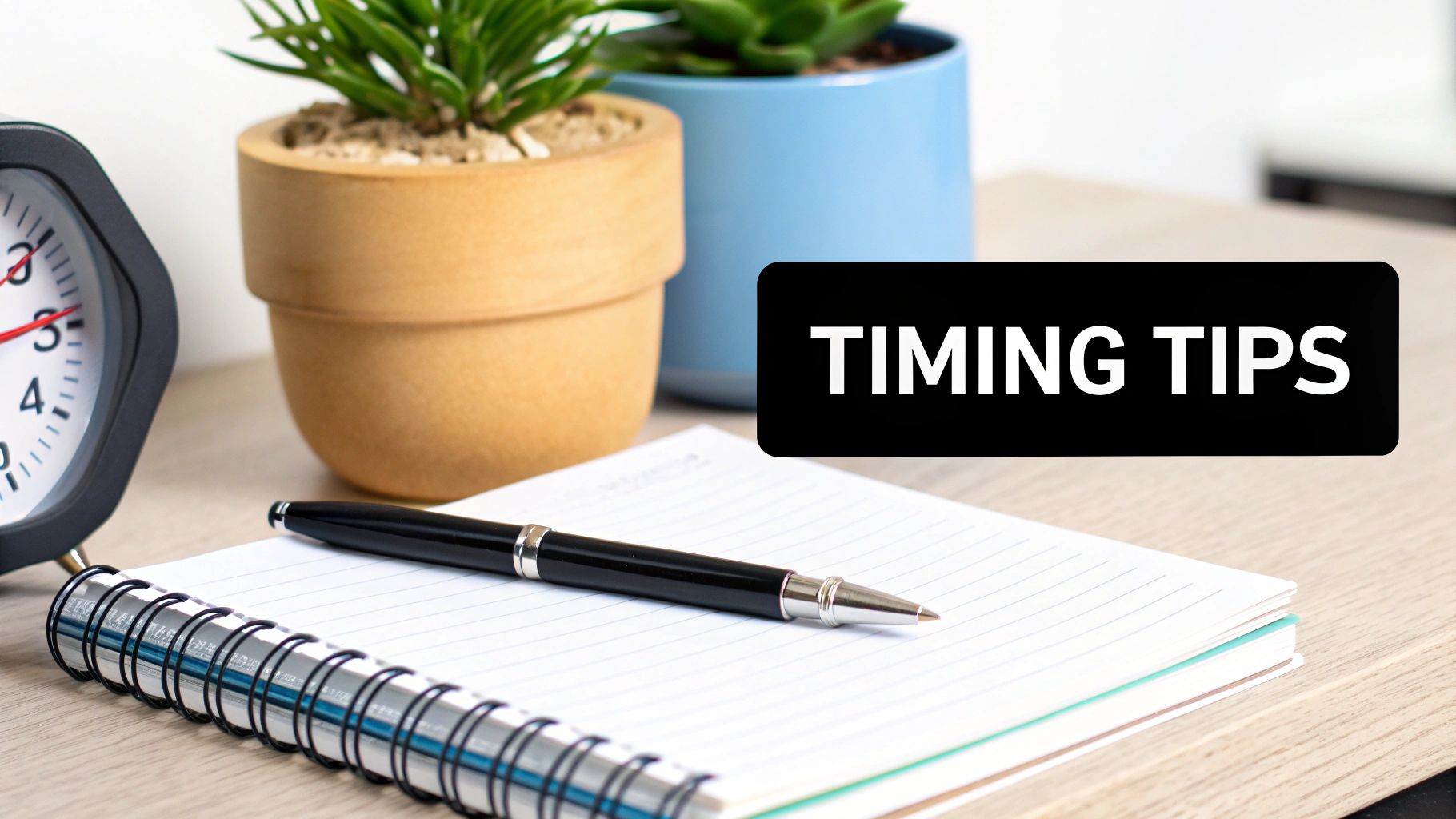 A desk with an alarm clock, potted plants, a pen, a notebook, and a 'TIMING TIPS' sign.