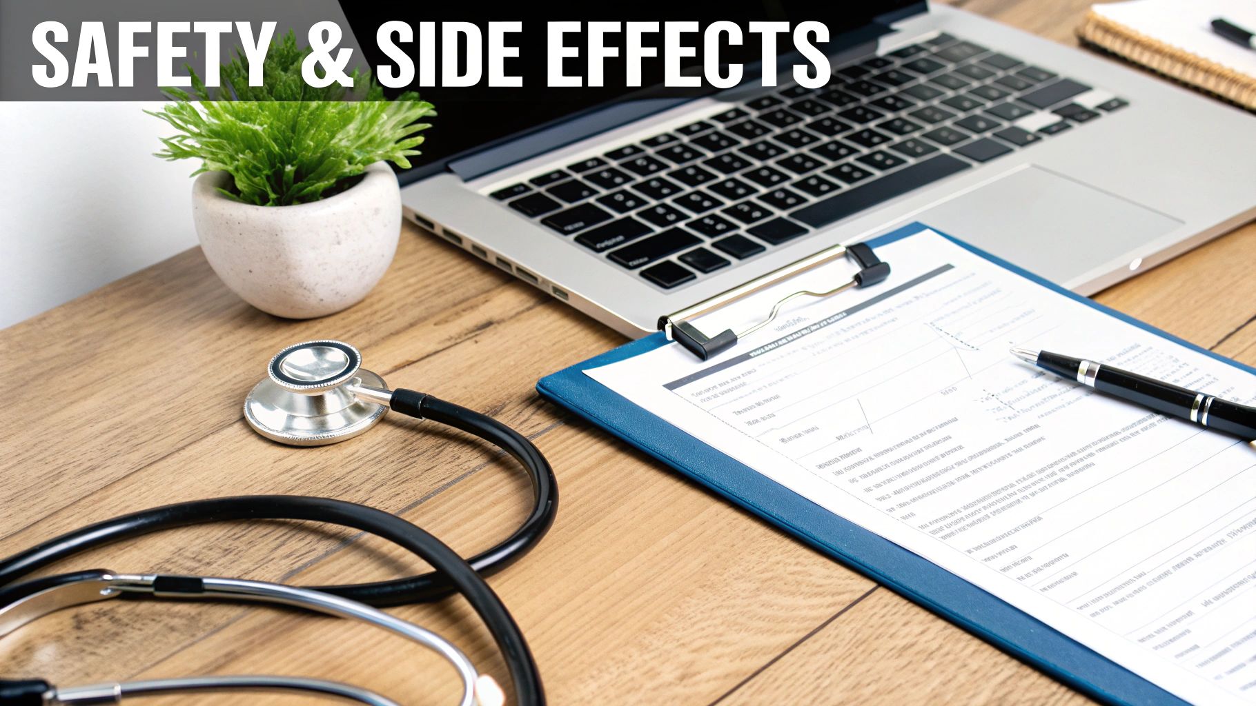 A medical desk setup with a stethoscope, clipboard, pen, laptop, and plant, featuring 'SAFETY & SIDE EFFECTS' text.