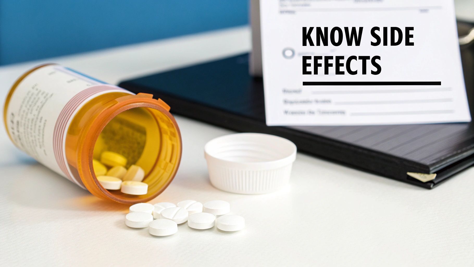 Pills spilled from a prescription bottle next to a document reading 'KNOW SIDE EFFECTS'.