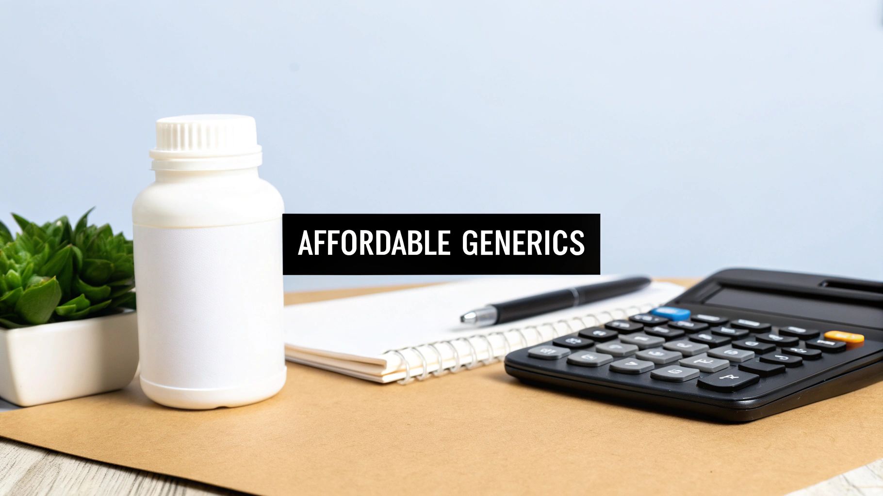 A white pill bottle, calculator, notebook, and plant with 'AFFORDABLE GENERICS' text on a desk.